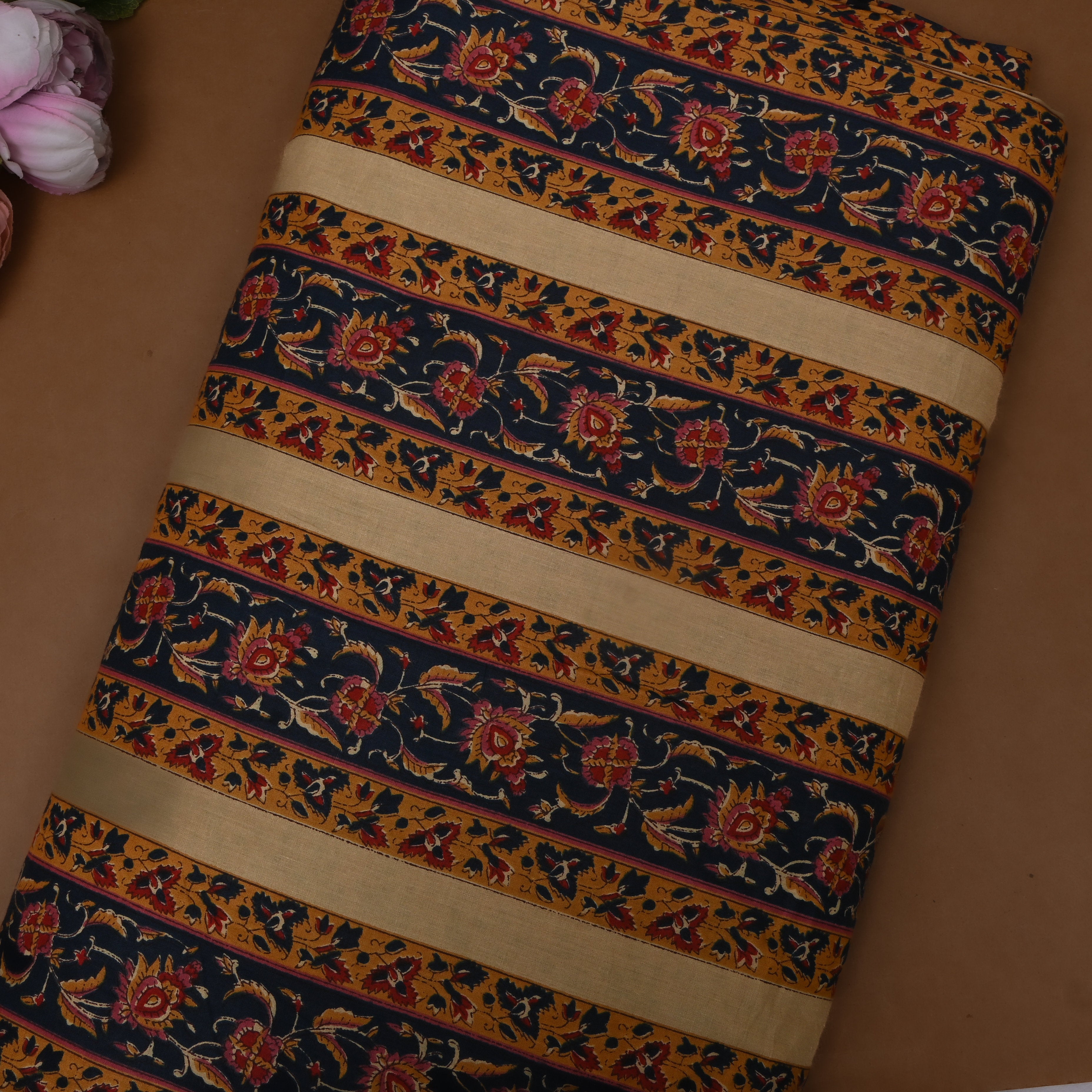 Golden Mustard Floral Border Printed Cotton