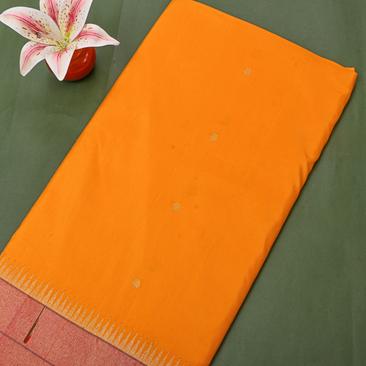 Saffron Gold Zari Butti Paithani Border Self Weave Silk Fabric
