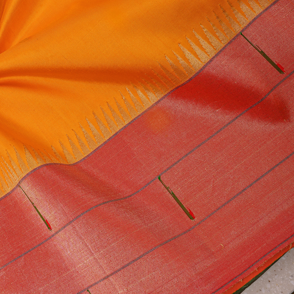 Saffron Gold Zari Butti Paithani Border Self Weave Silk Fabric