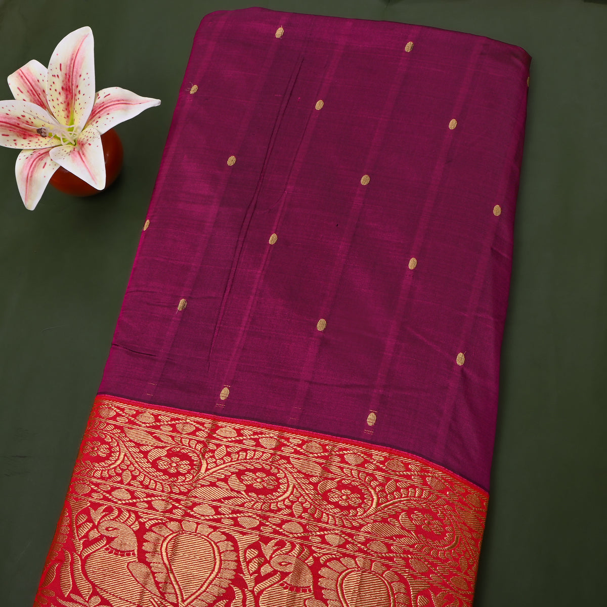 Plum Gold Zari Butti Red Border Jamawar Silk Fabric