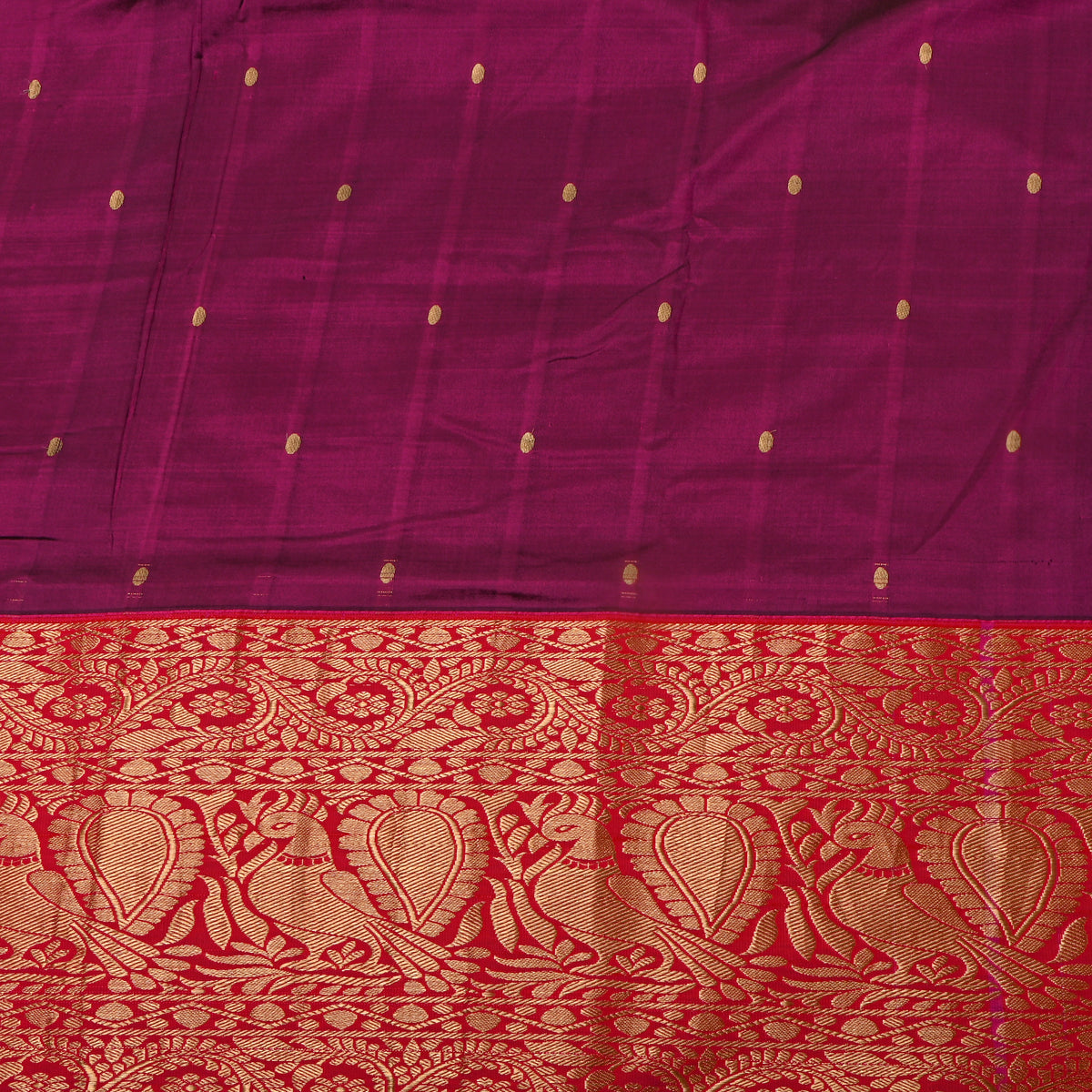 Plum Gold Zari Butti Red Border Jamawar Silk Fabric