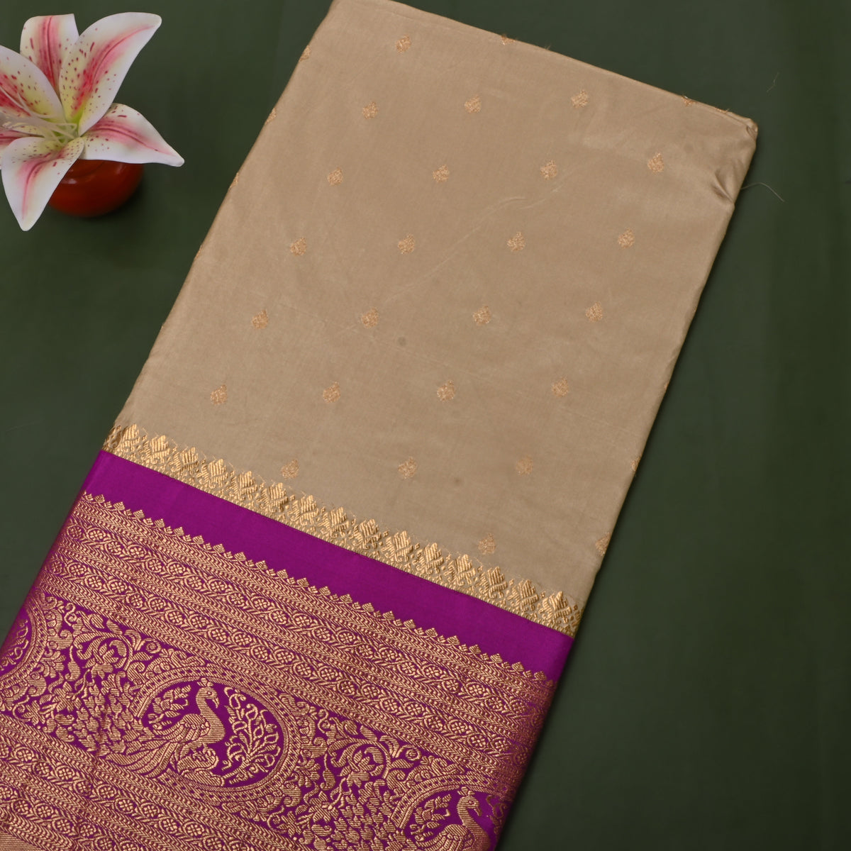 Champagne Gold Zari Butti Purple Border Jamawar Silk Fabric