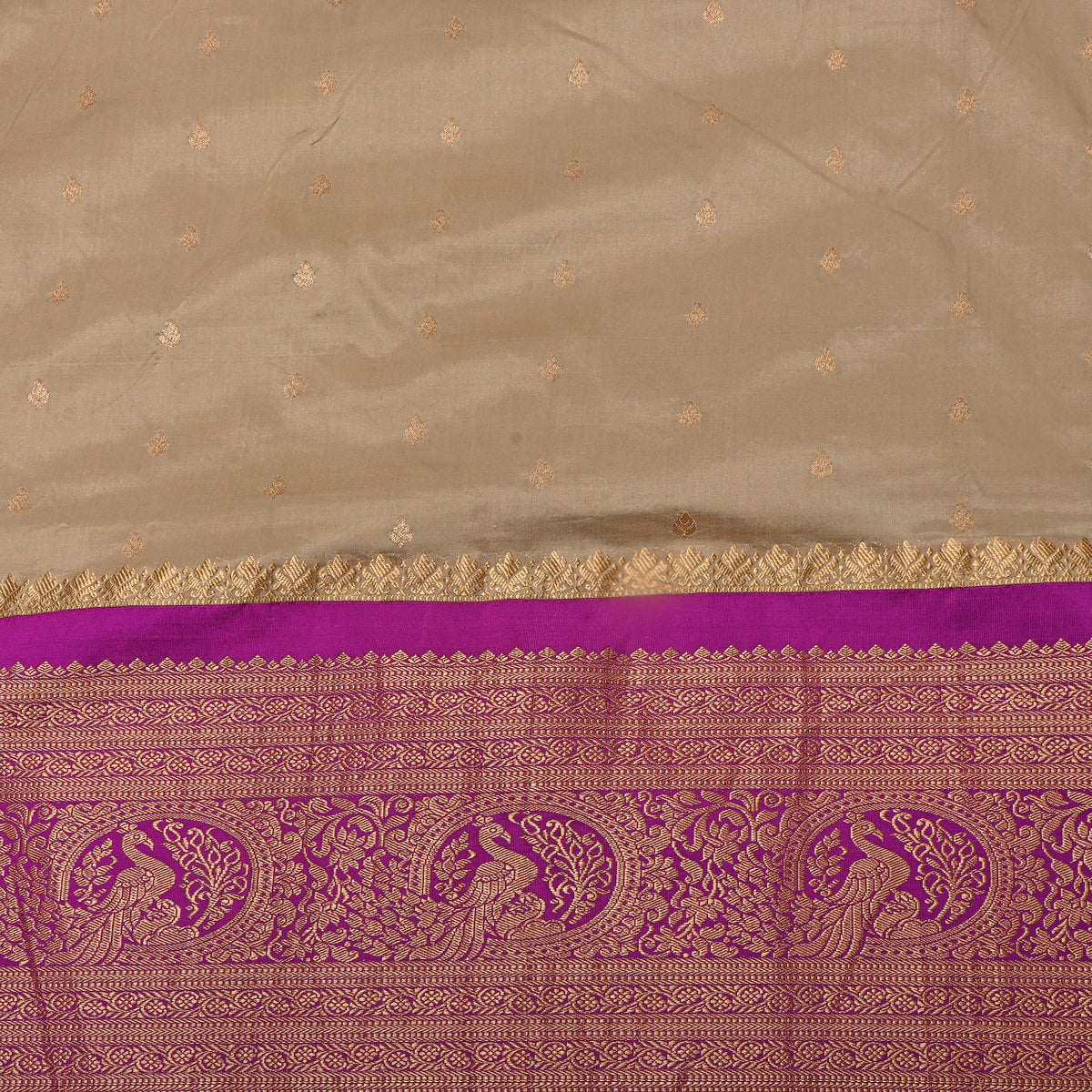 Champagne Gold Zari Butti Purple Border Jamawar Silk Fabric