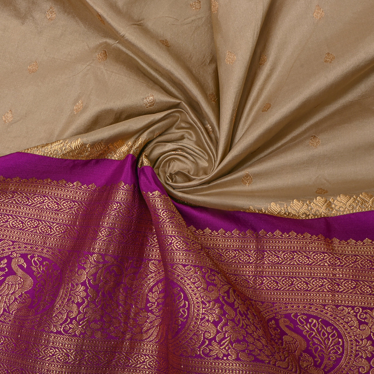 Champagne Gold Zari Butti Purple Border Jamawar Silk Fabric