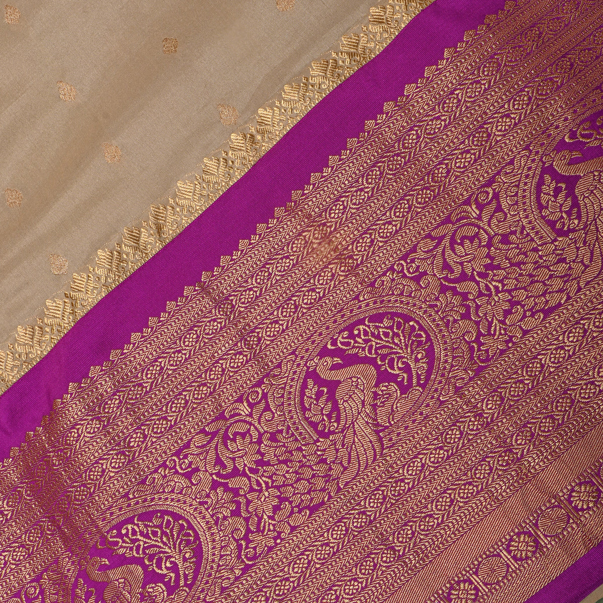Champagne Gold Zari Butti Purple Border Jamawar Silk Fabric
