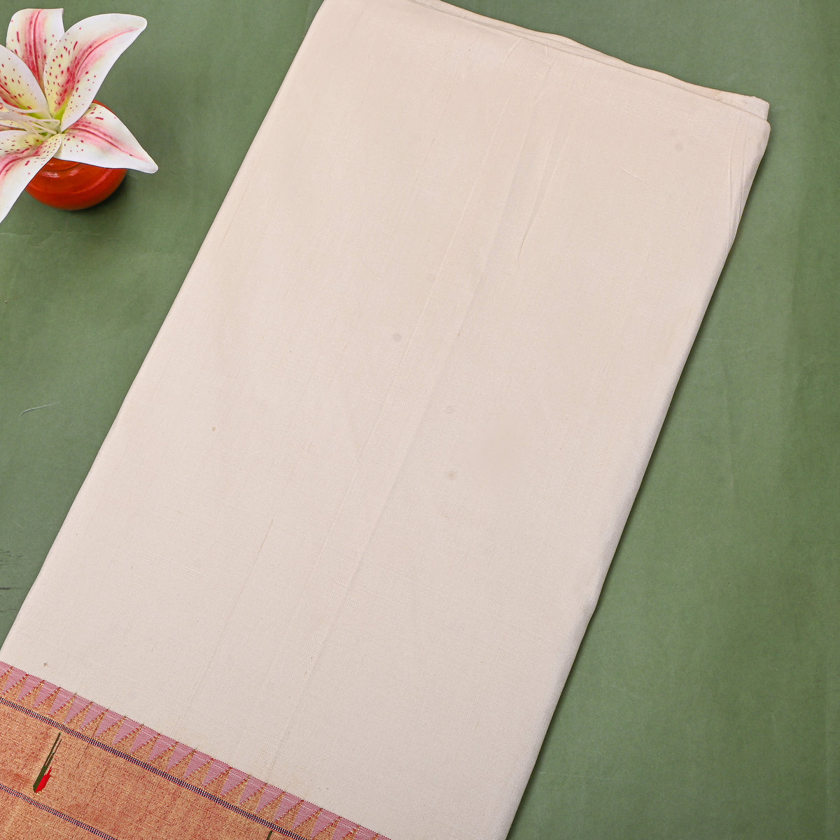Cream White Gold Zari Butti Paithani Border Silk Fabric