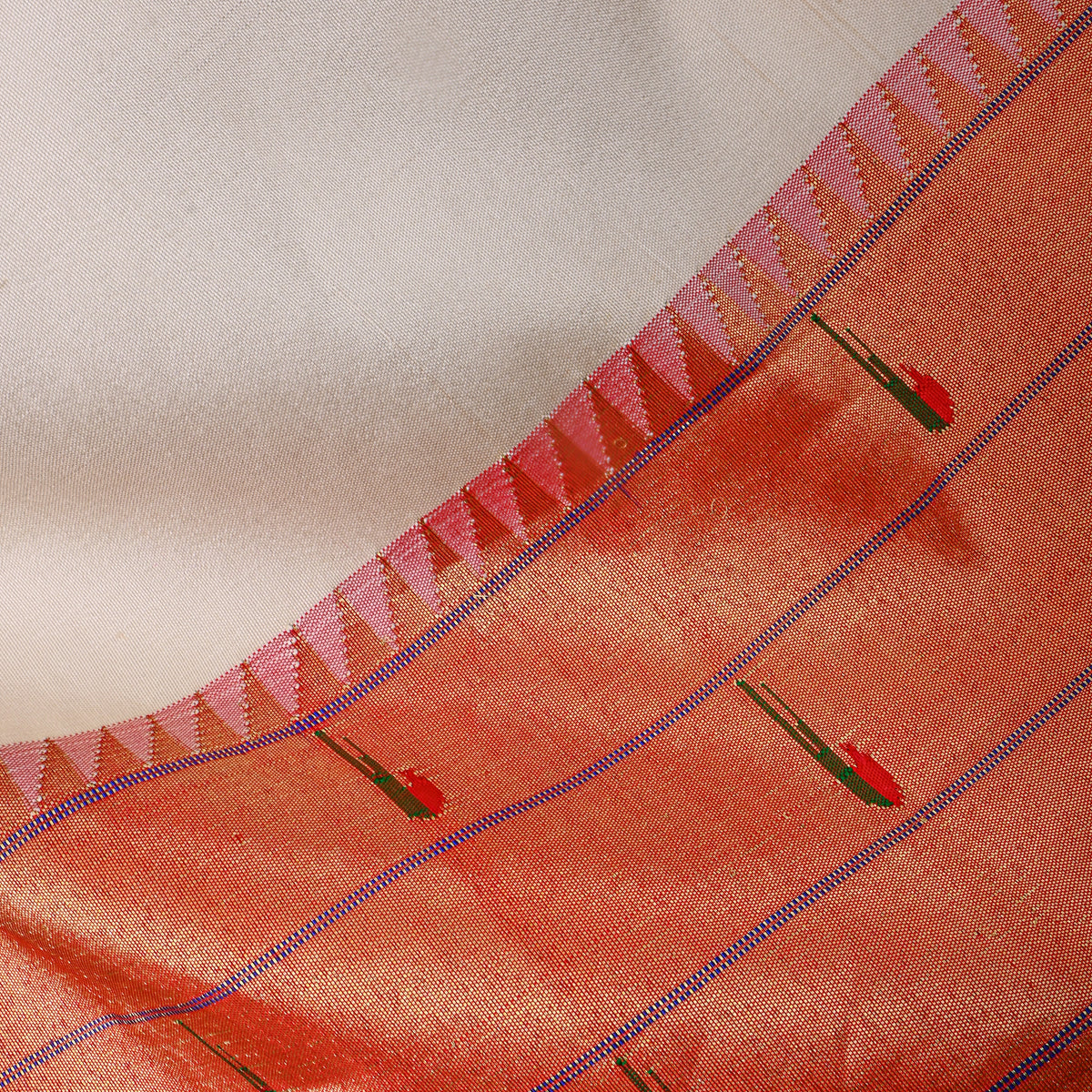 Cream White Gold Zari Butti Paithani Border Silk Fabric