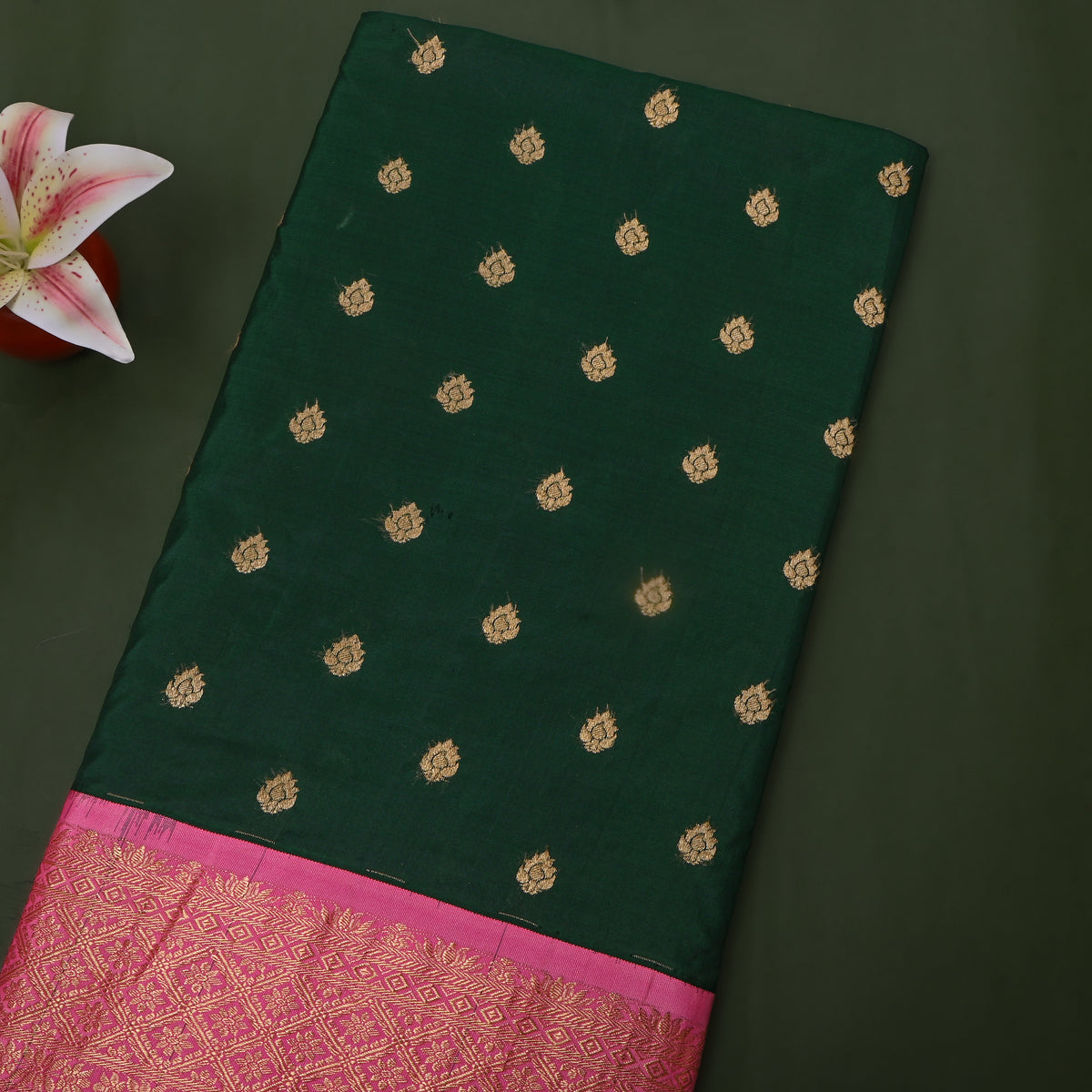 Bottle Green Gold Zari Butti Pink Border Jamawar Silk Fabric