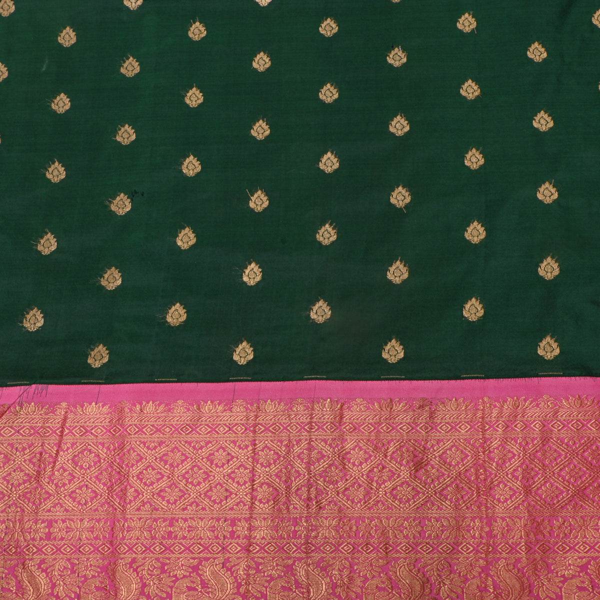 Bottle Green Gold Zari Butti Pink Border Jamawar Silk Fabric