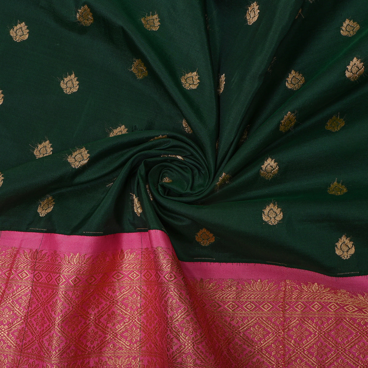 Bottle Green Gold Zari Butti Pink Border Jamawar Silk Fabric