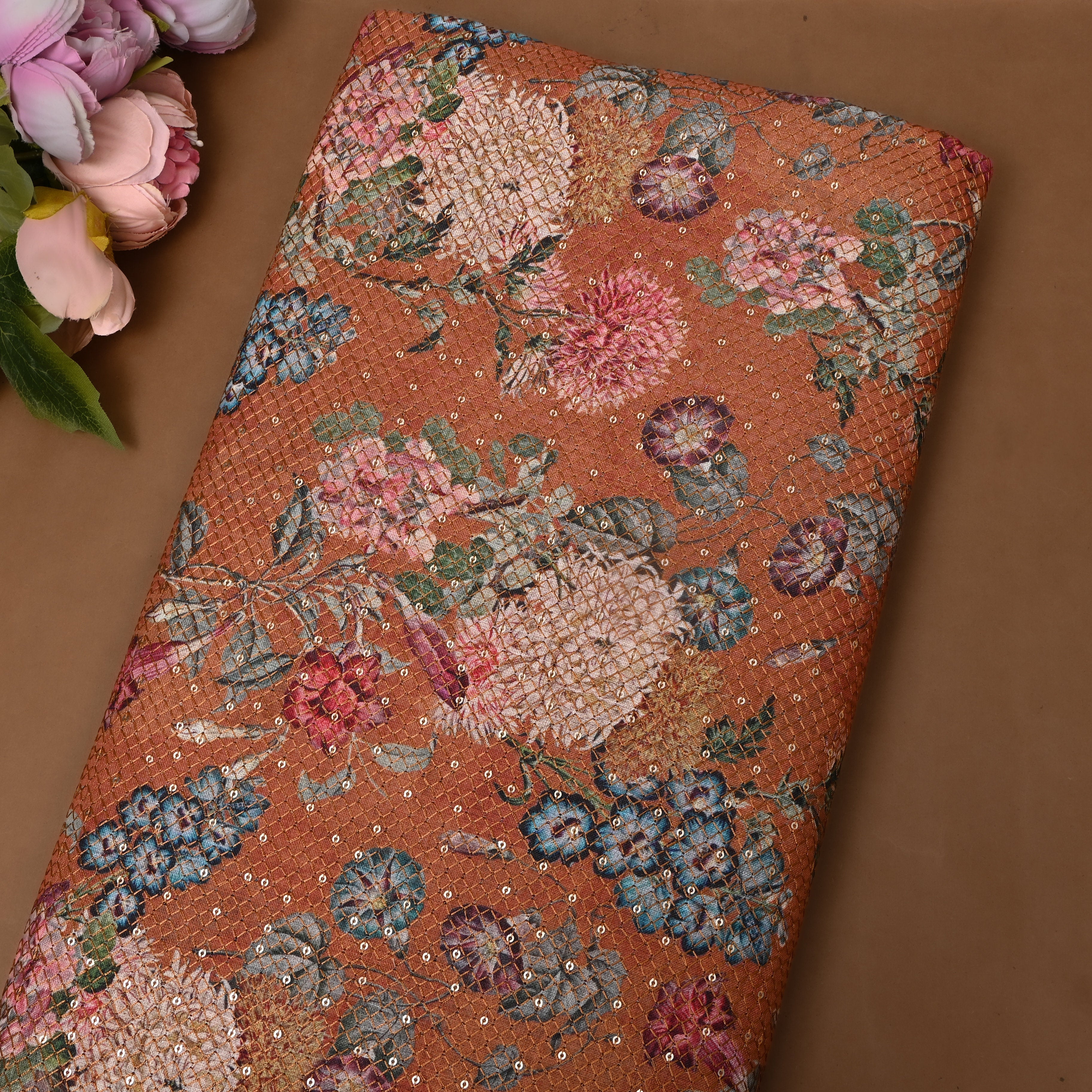 Rust Floral Digital Print Sequin Cotton Fabric