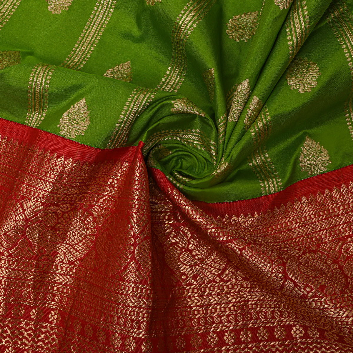 Apple Gold Zari Striped Butti Jamawar Silk Fabric