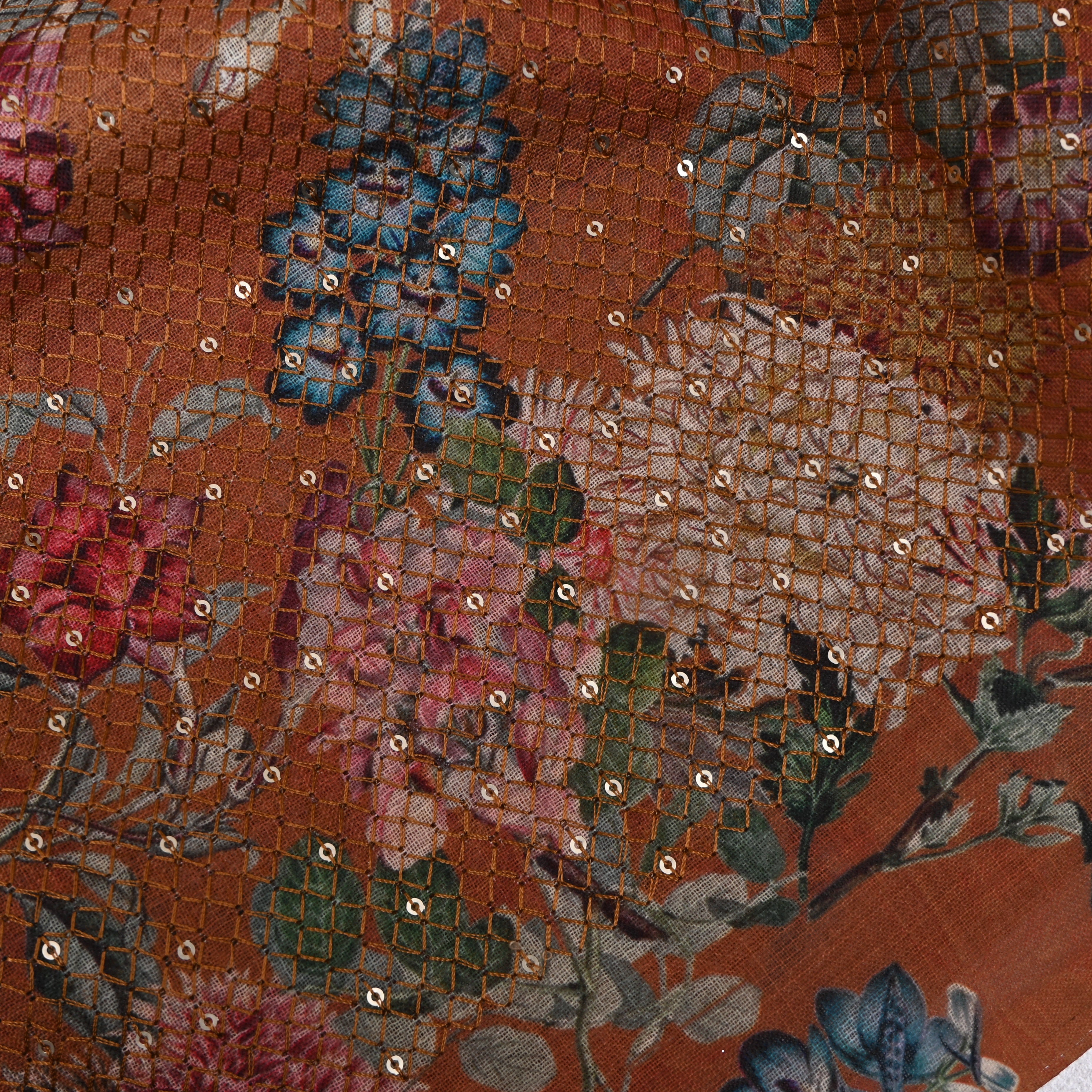 Rust Floral Digital Print Sequin Cotton Fabric