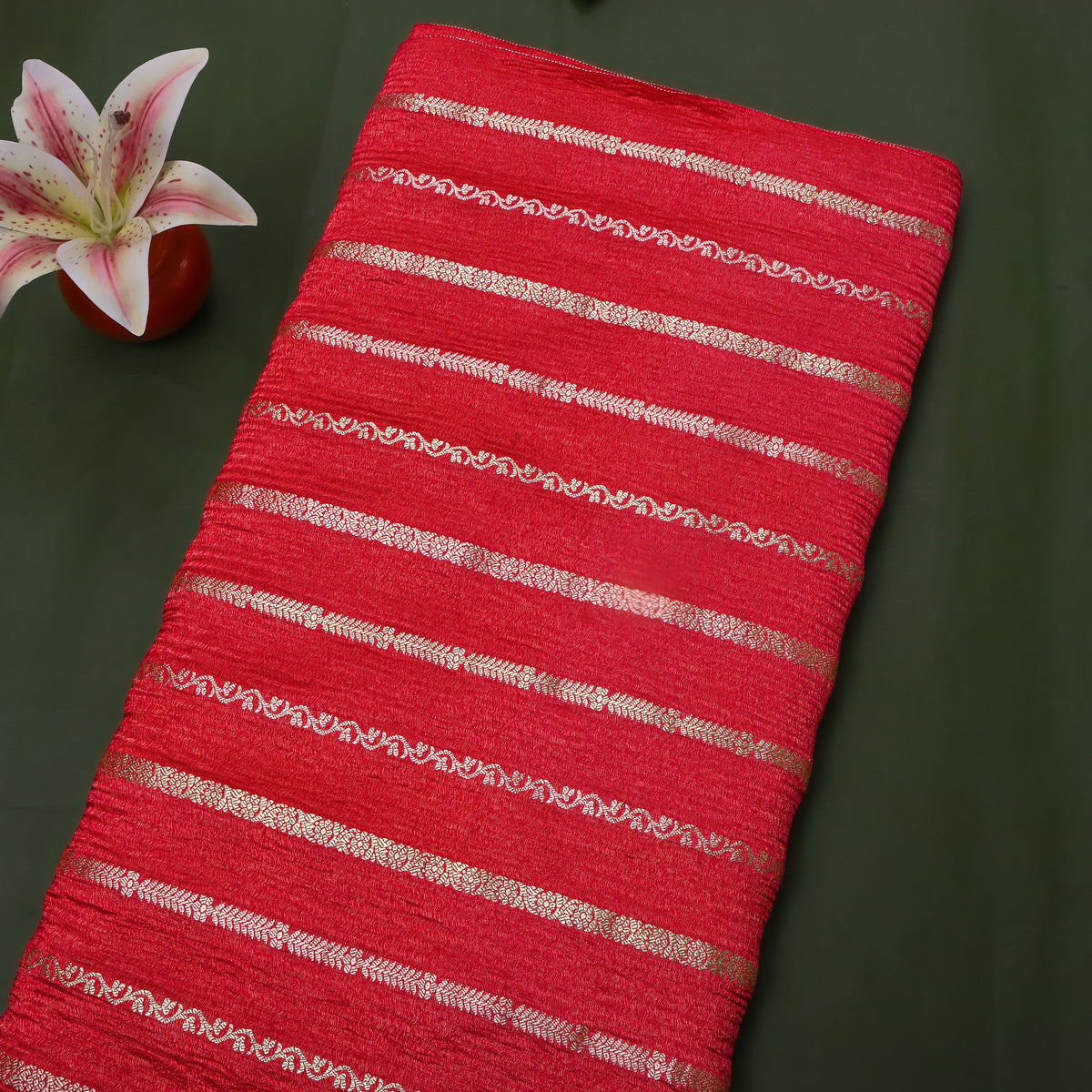 Cranberry Gold Zari Striped Self Weave Jamawar Tissue Fabric