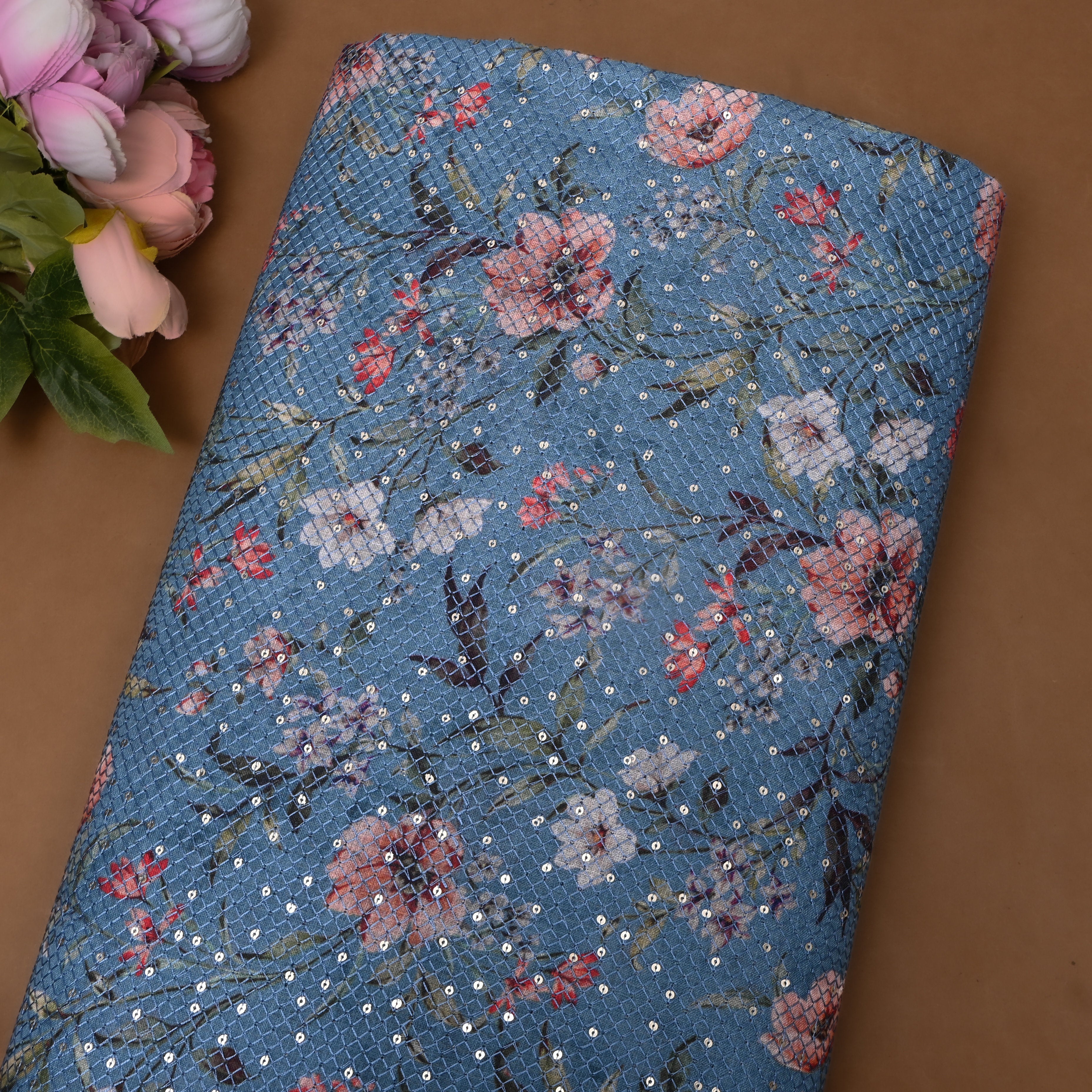 Steel Blue Floral Digital Print Sequin Cotton Fabric