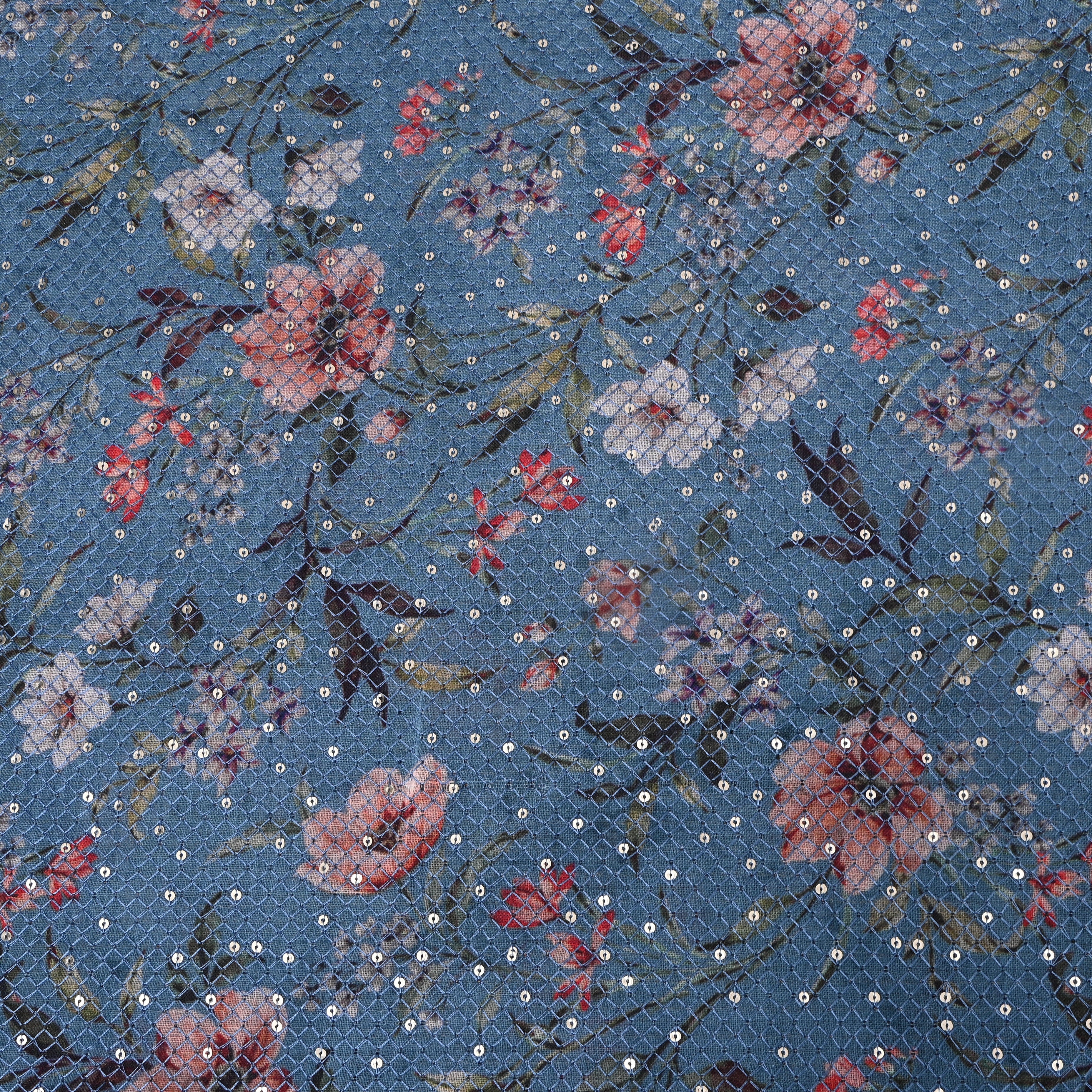 Steel Blue Floral Digital Print Sequin Cotton Fabric