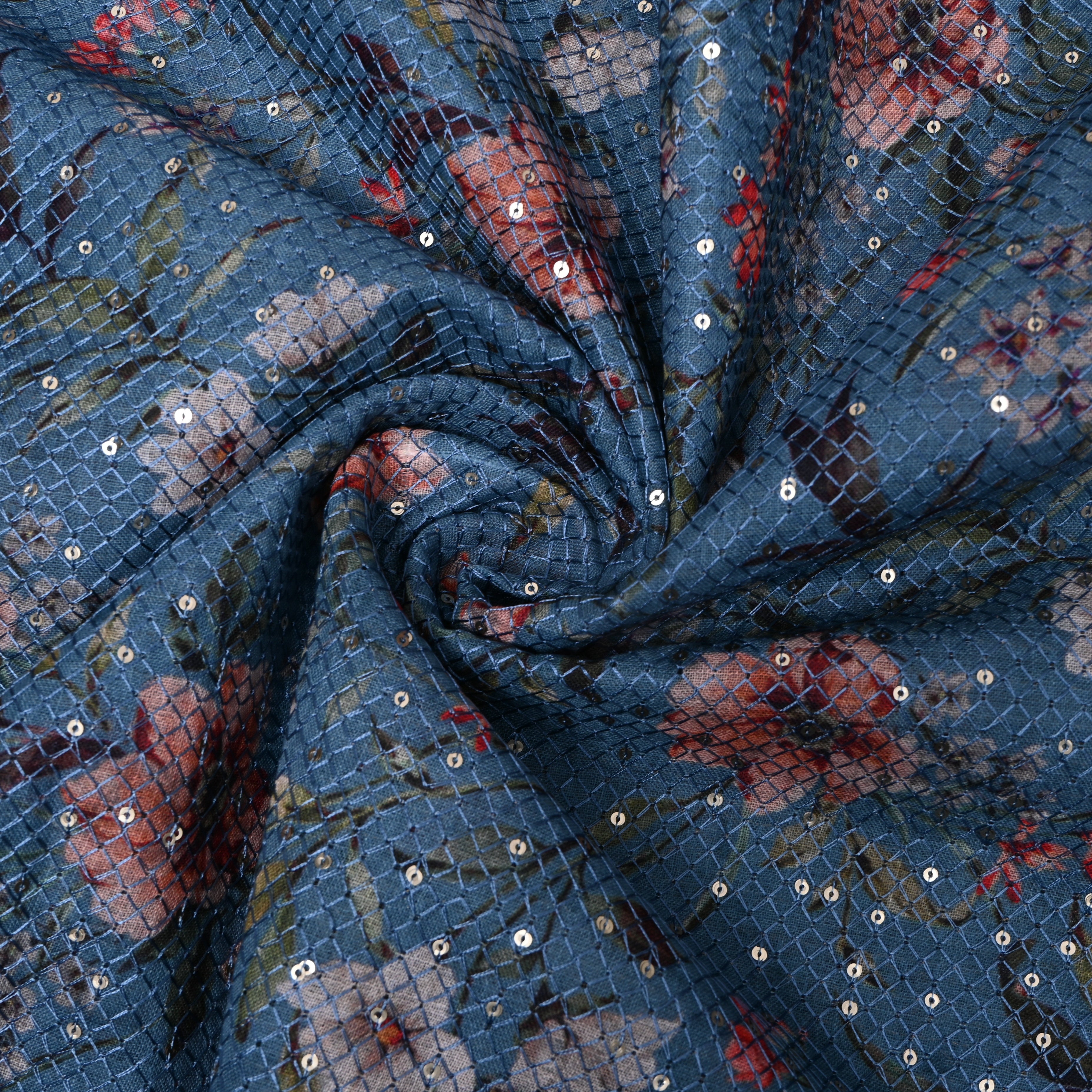 Steel Blue Floral Digital Print Sequin Cotton Fabric