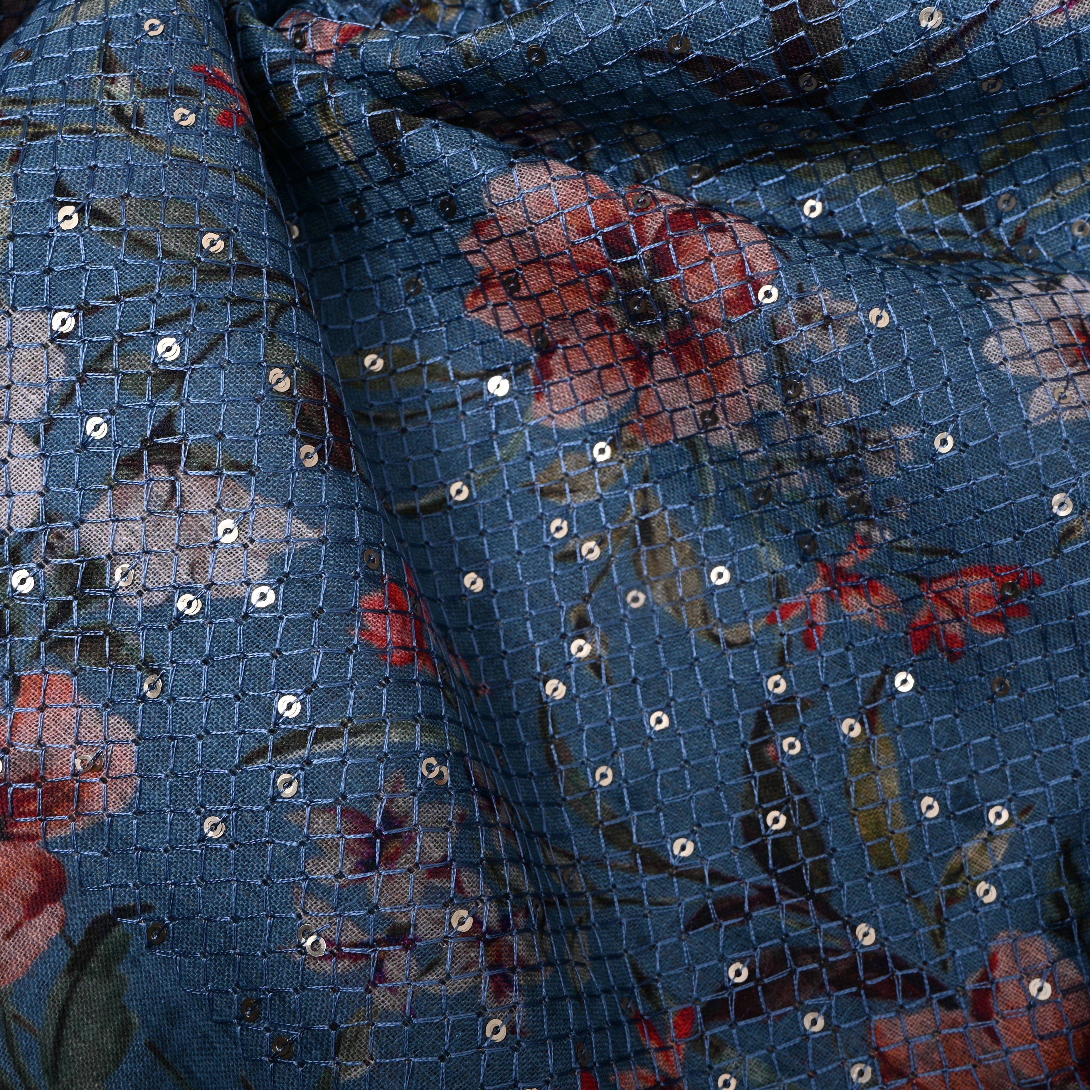 Steel Blue Floral Digital Print Sequin Cotton Fabric