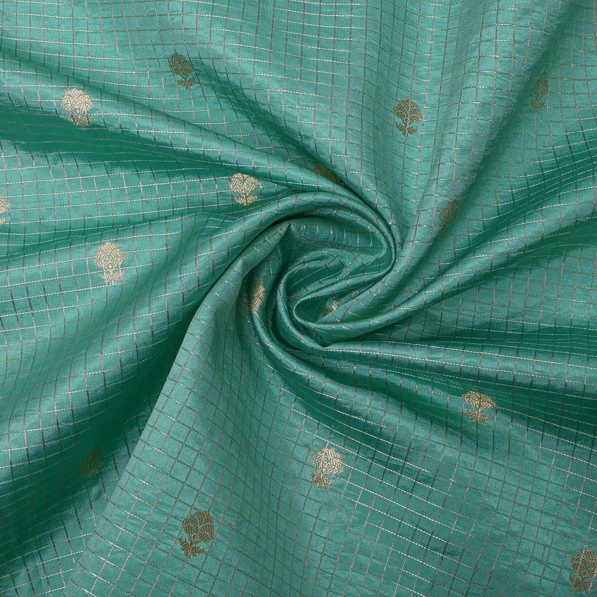 Sea Green Gold Zari Check Grid Jamawar Silk Fabric