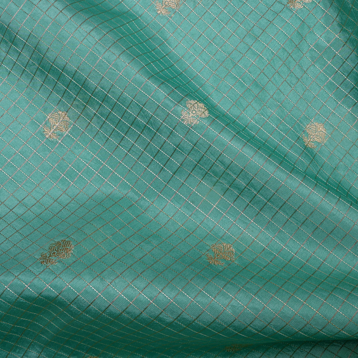 Sea Green Gold Zari Check Grid Jamawar Silk Fabric