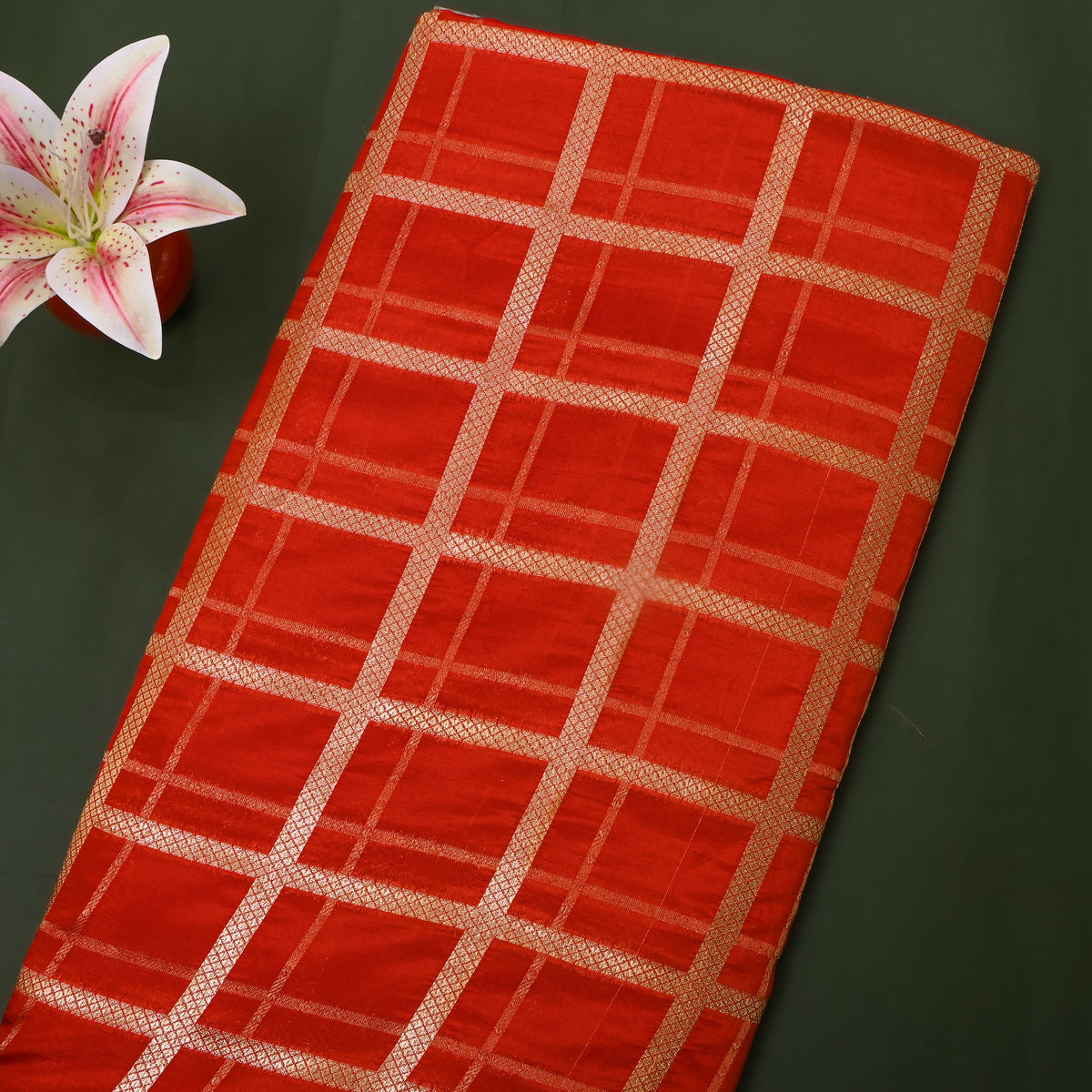 Scarlet Red Gold Zari Check Jamawar Silk Fabric