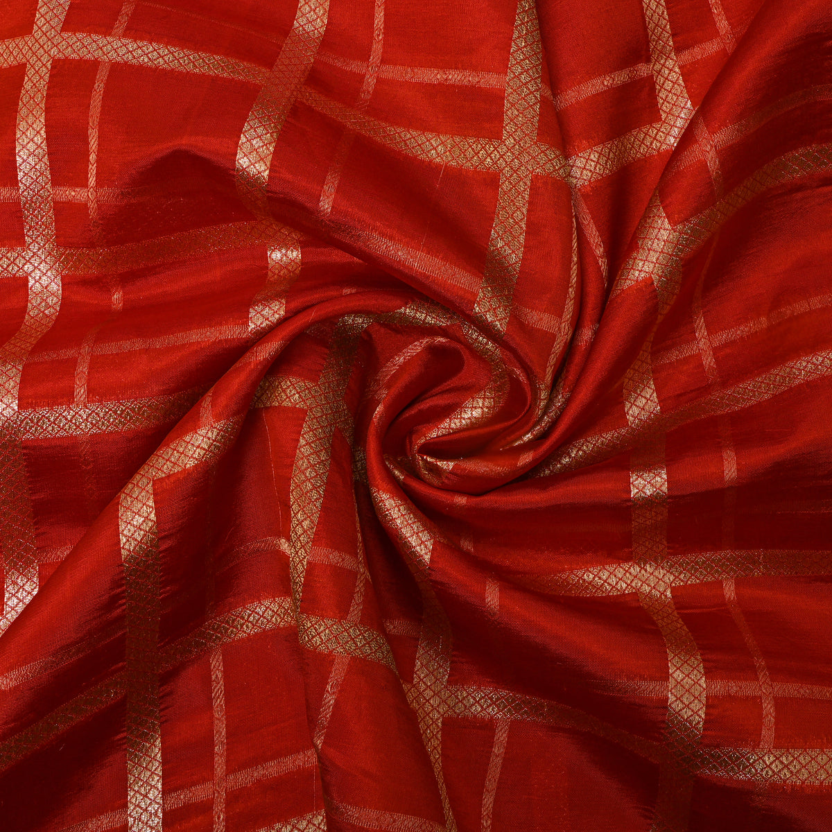 Scarlet Red Gold Zari Check Jamawar Silk Fabric