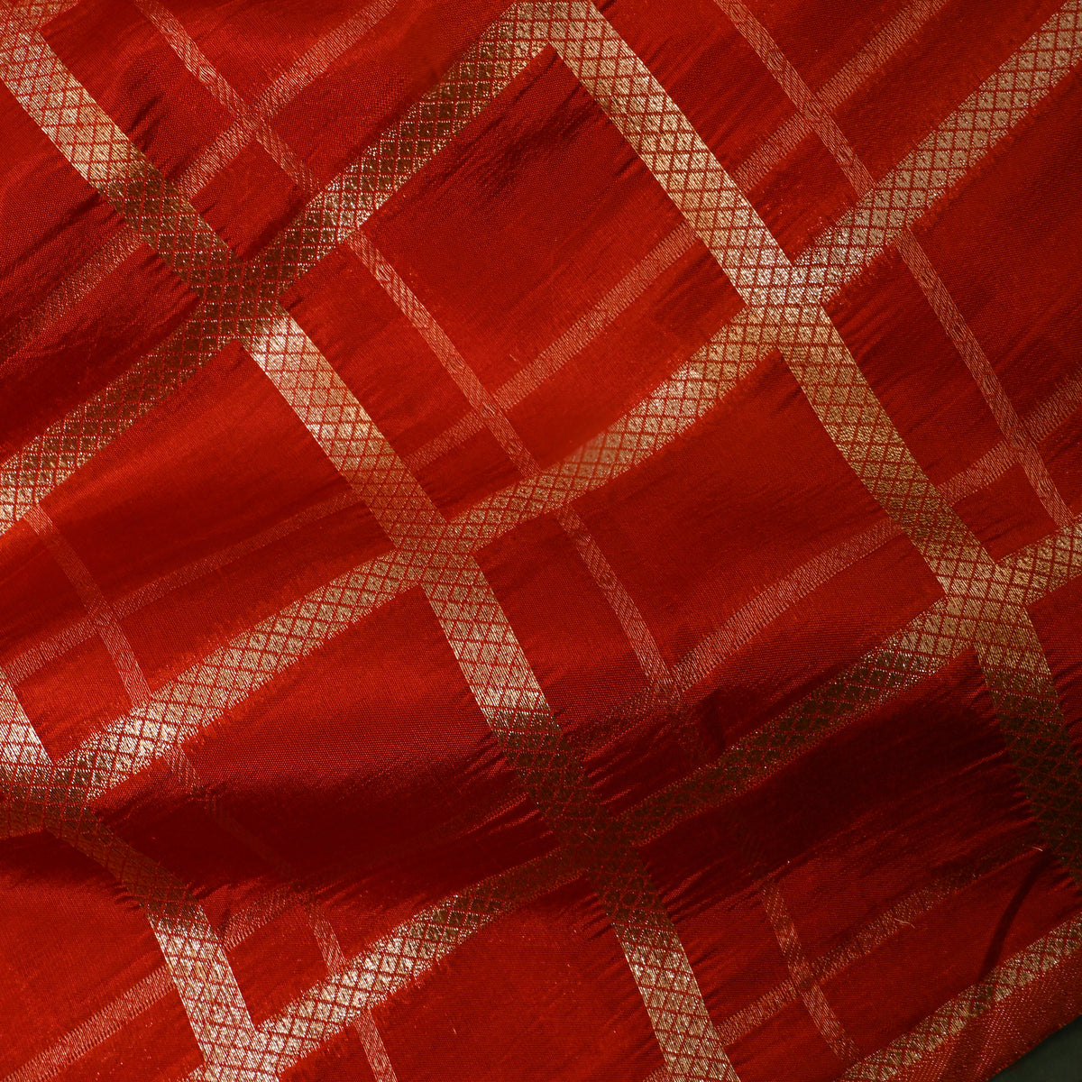 Scarlet Red Gold Zari Check Jamawar Silk Fabric