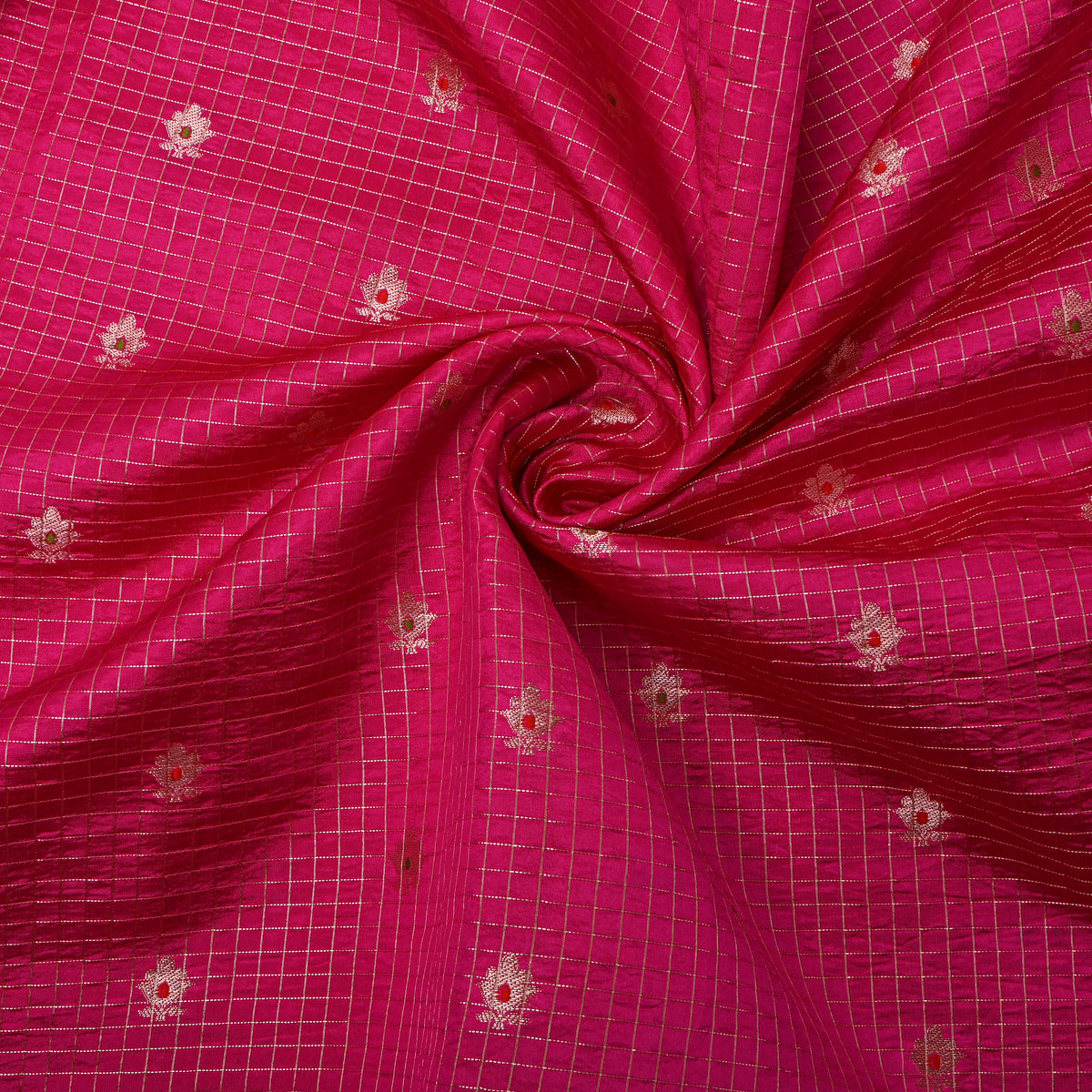 Cerise Pink Silver Zari Butti Checks Jamawar Silk Fabric