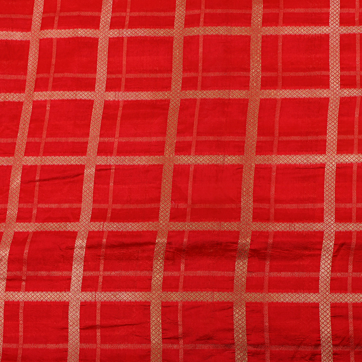 Scarlet Orange Gold Zari Grid Check Jamawar Silk Fabric