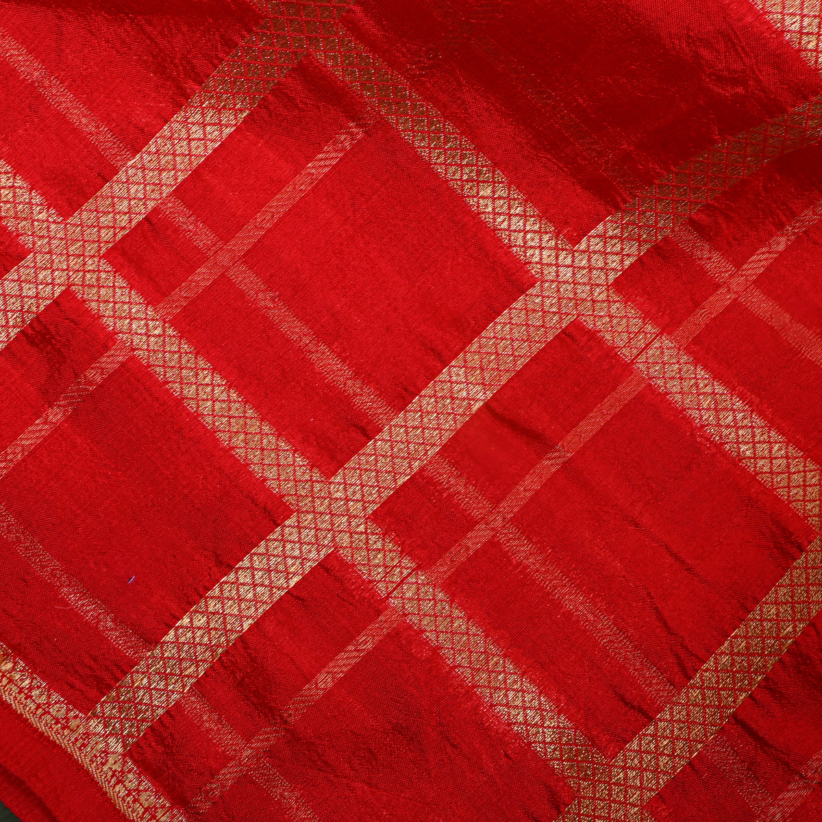 Scarlet Orange Gold Zari Grid Check Jamawar Silk Fabric