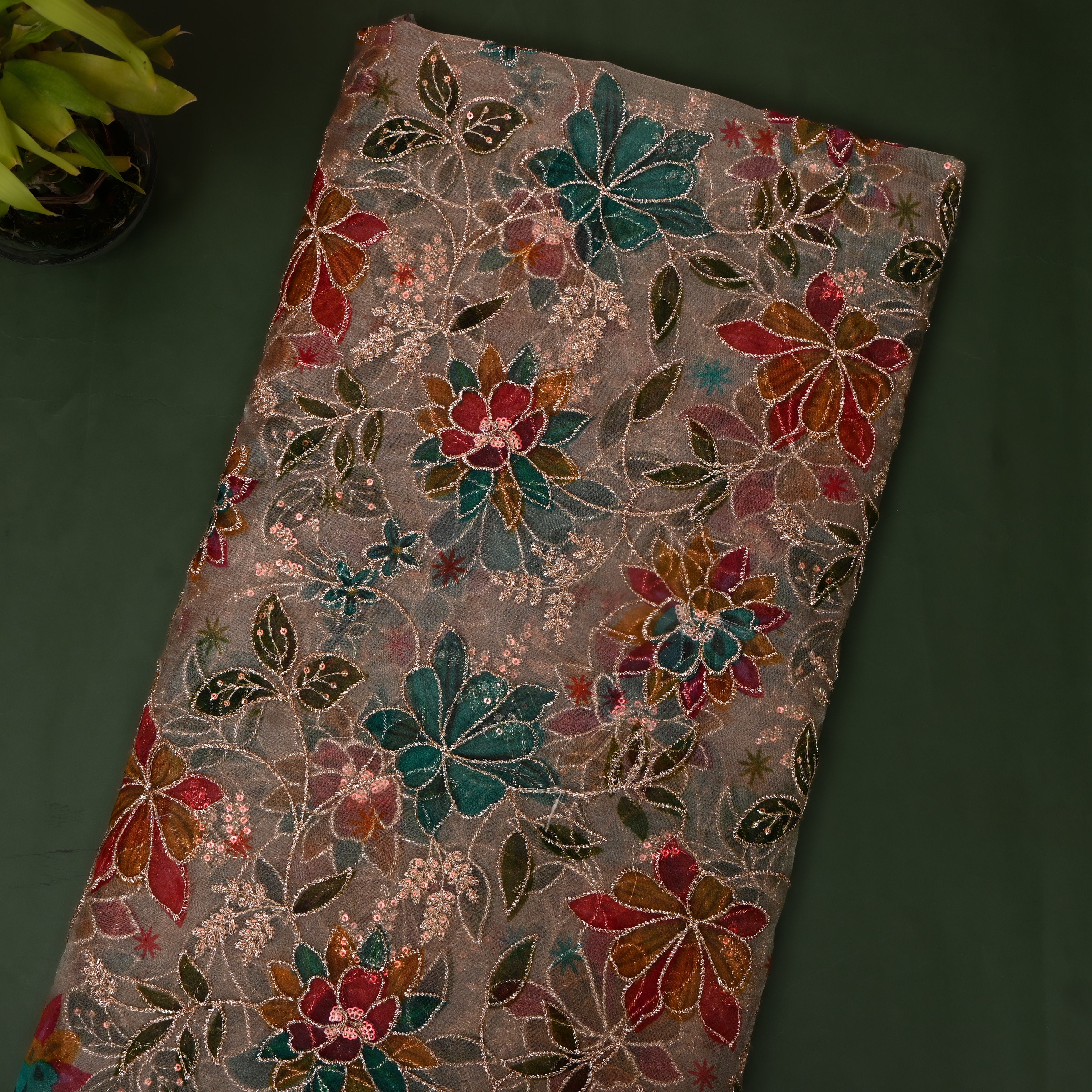Mushroom Taupe Printed Floral Embroidery Organza Fabric