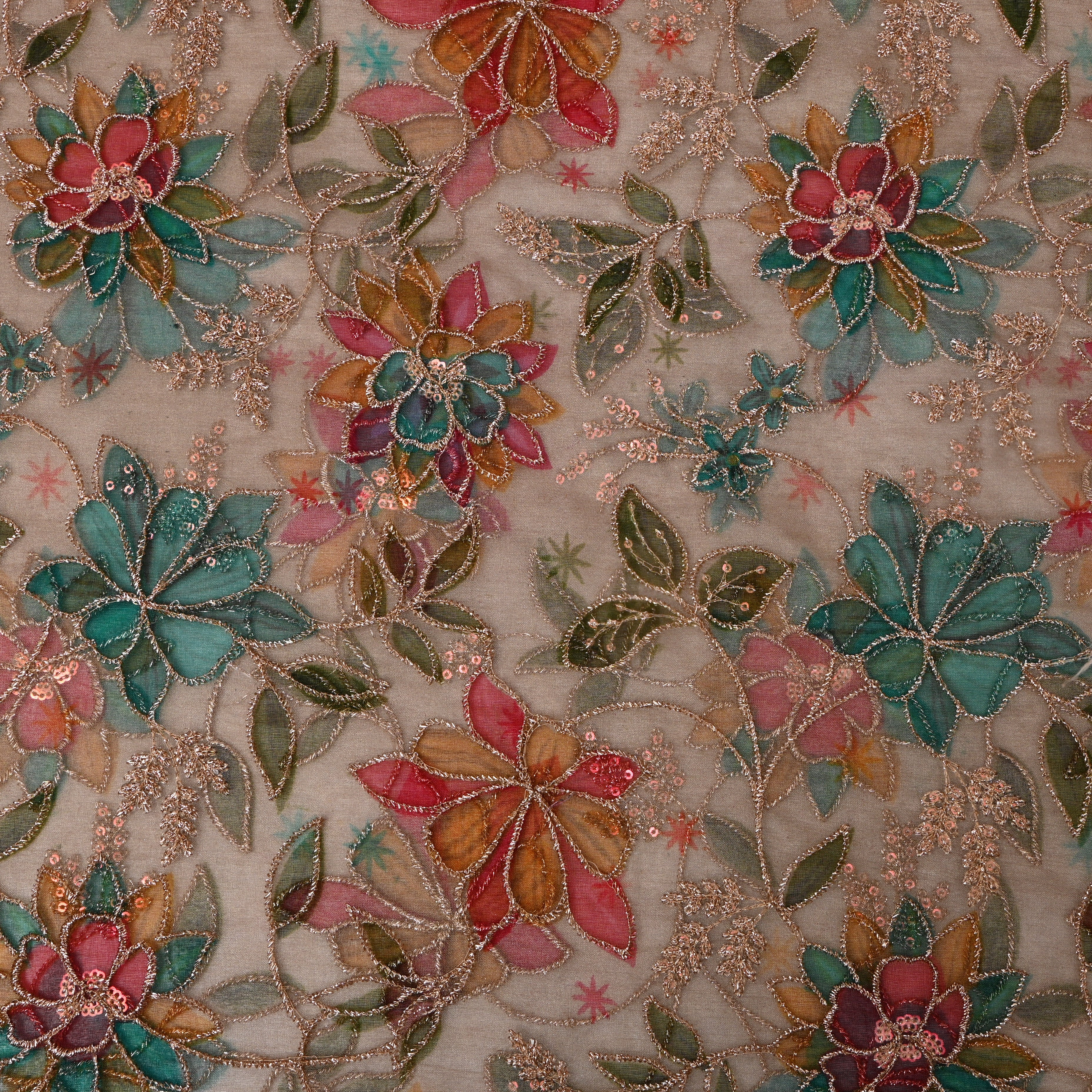 Mushroom Taupe Printed Floral Embroidery Organza Fabric