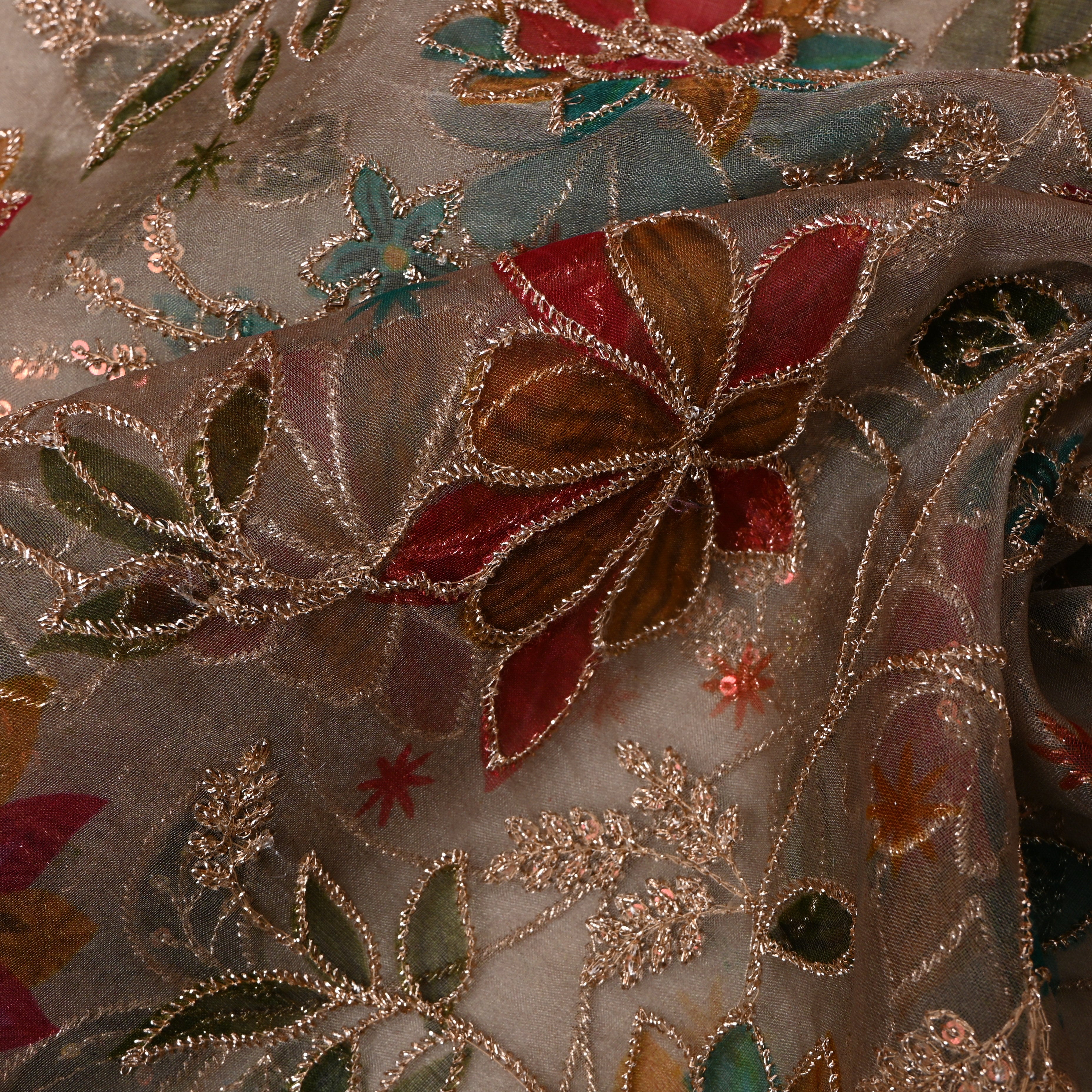 Mushroom Taupe Printed Floral Embroidery Organza Fabric