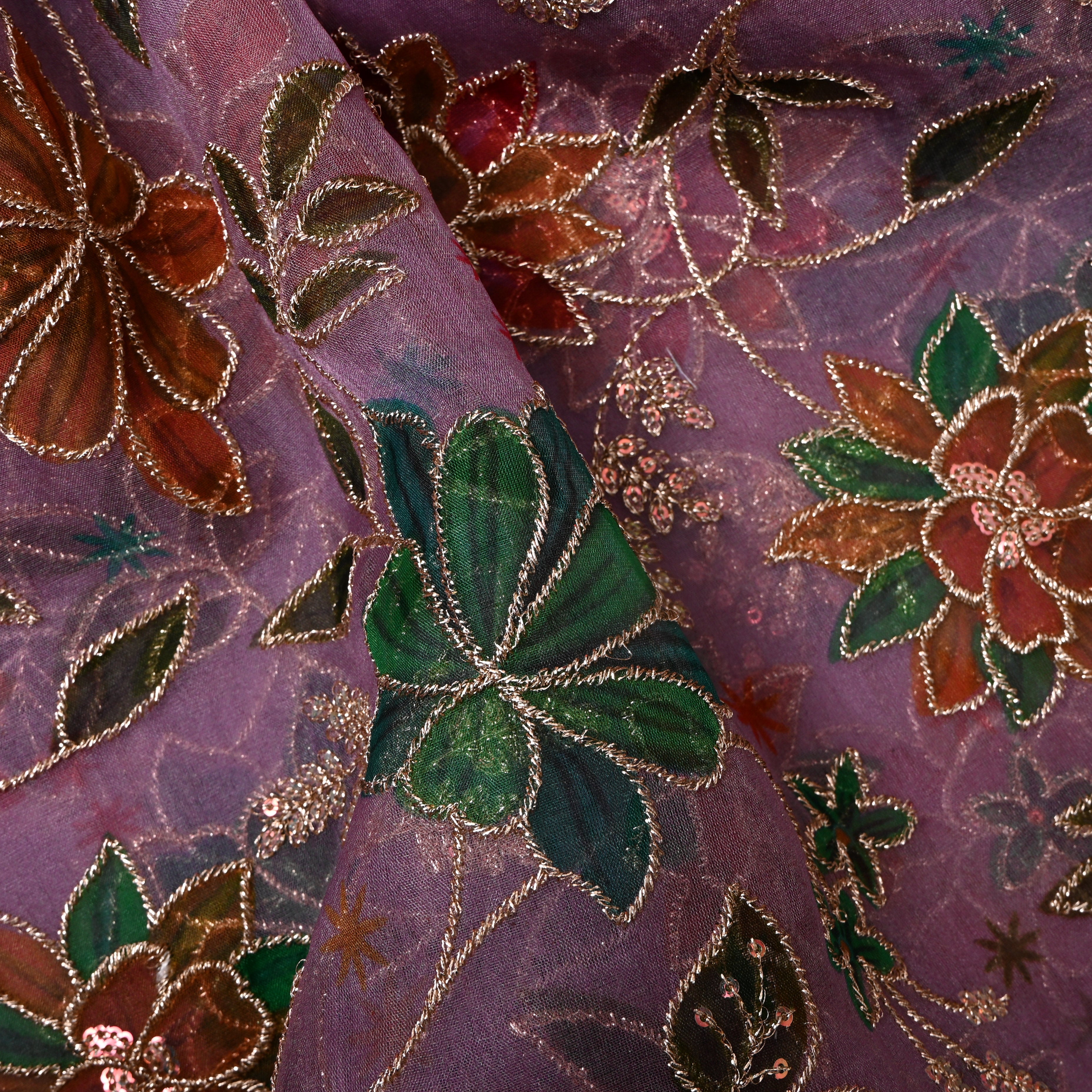 Mauve Purple Printed Floral Embroidery Organza Fabric