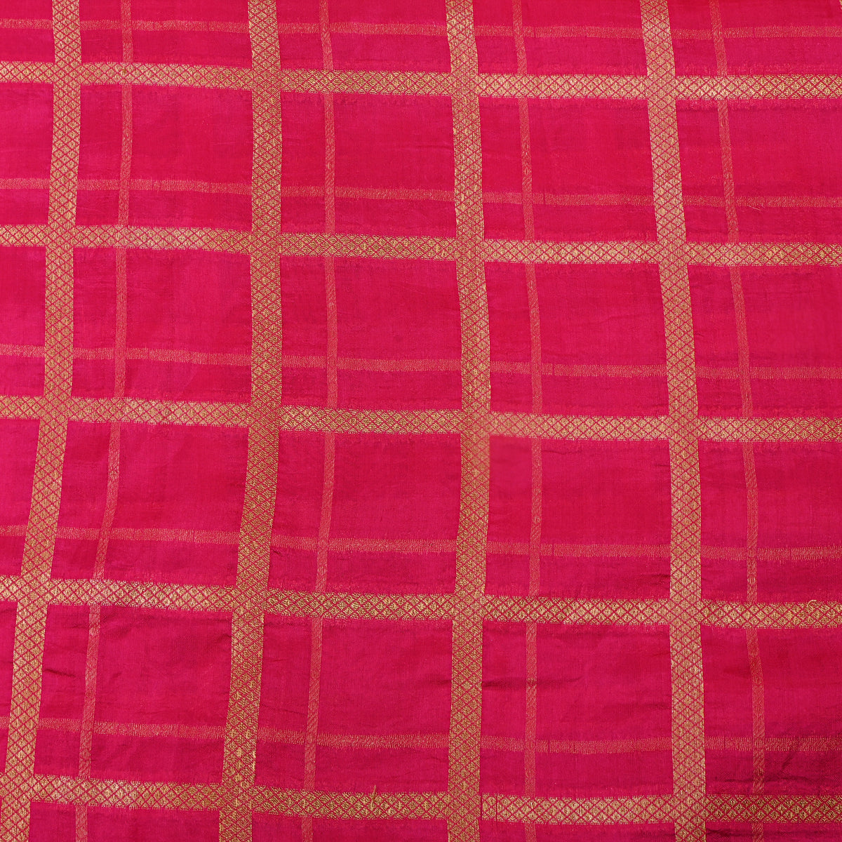 Fuchsia Pink Gold Zari Check Jamawar Silk Fabric