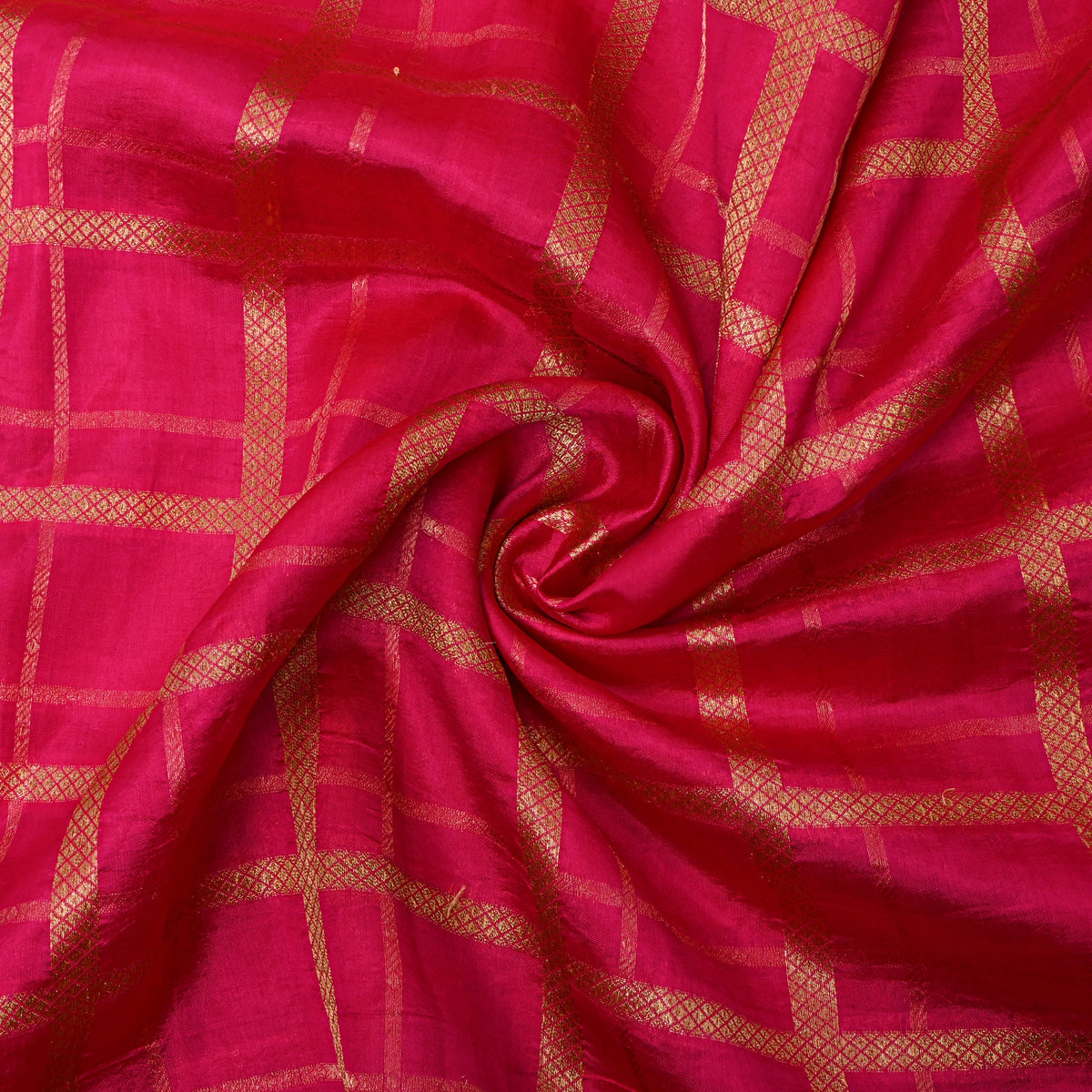 Fuchsia Pink Gold Zari Check Jamawar Silk Fabric