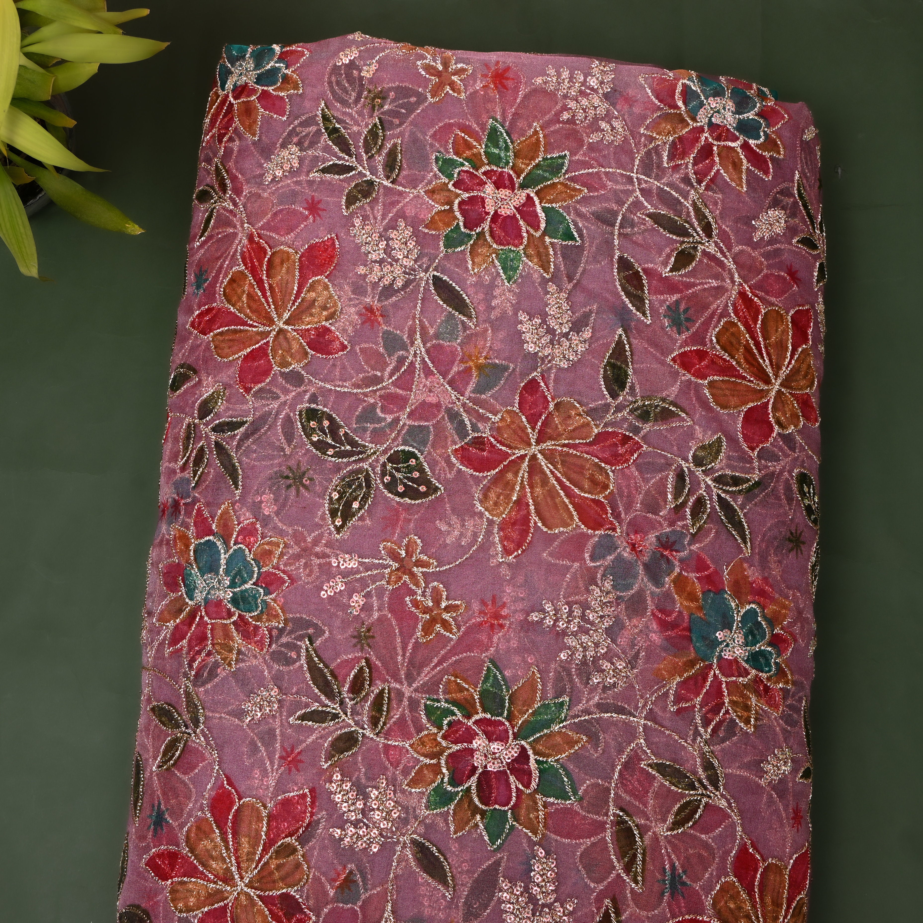 Mauve Pink Floral Appliqué Organza Fabric