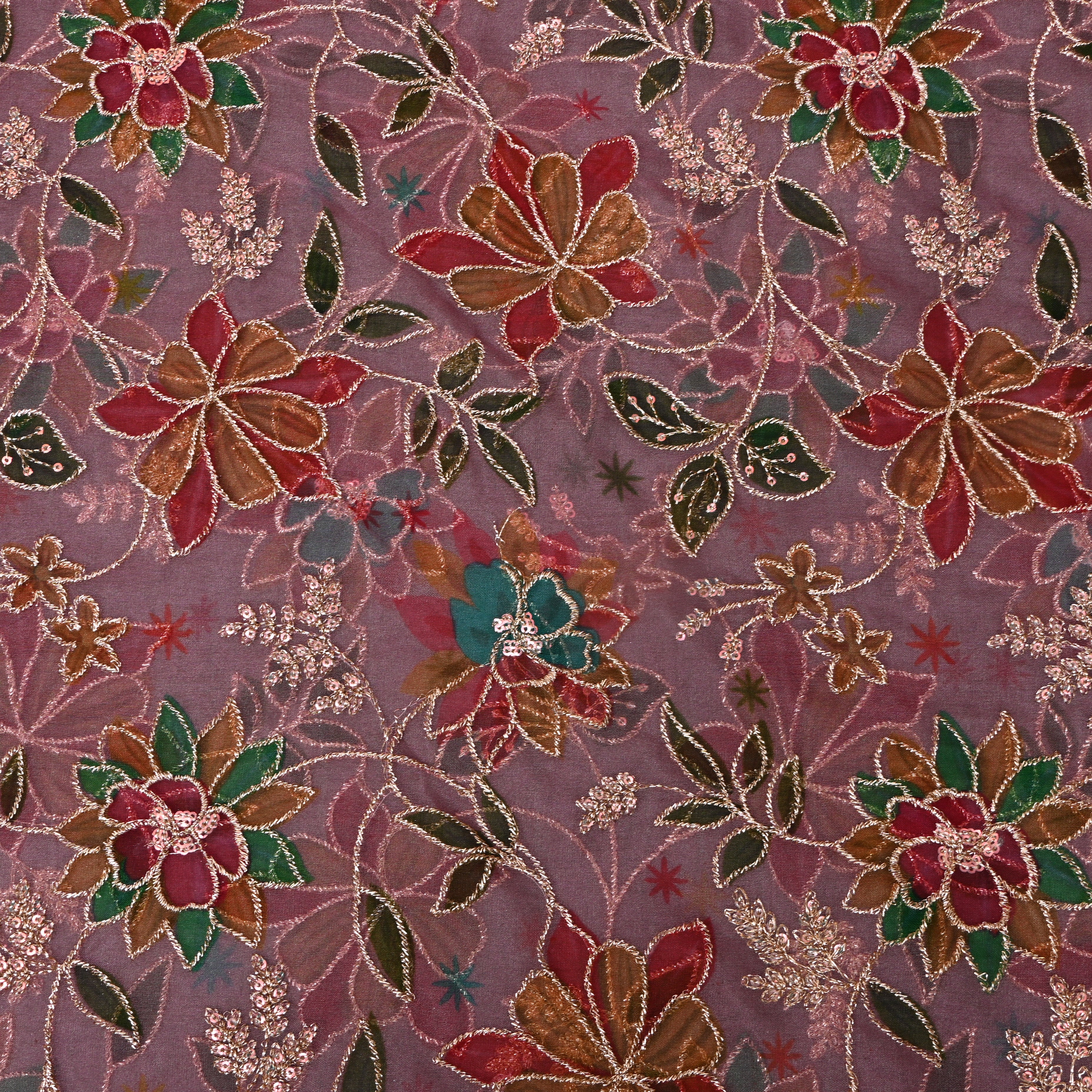Mauve Pink Floral Appliqué Organza Fabric