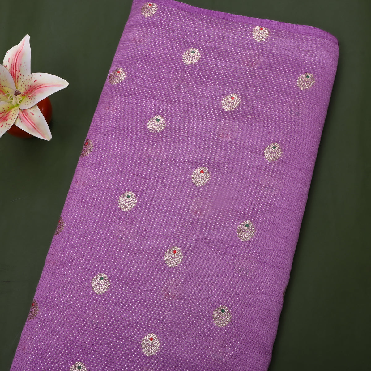 Orchid Purple Silver Zari Floral Butti Jamawar Silk Fabric