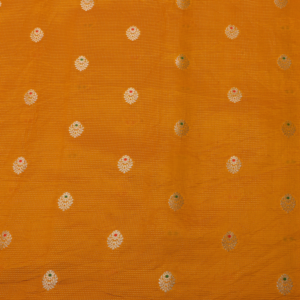 Amber Orange Gold Zari Spaced Butti Jamawar Silk Fabric