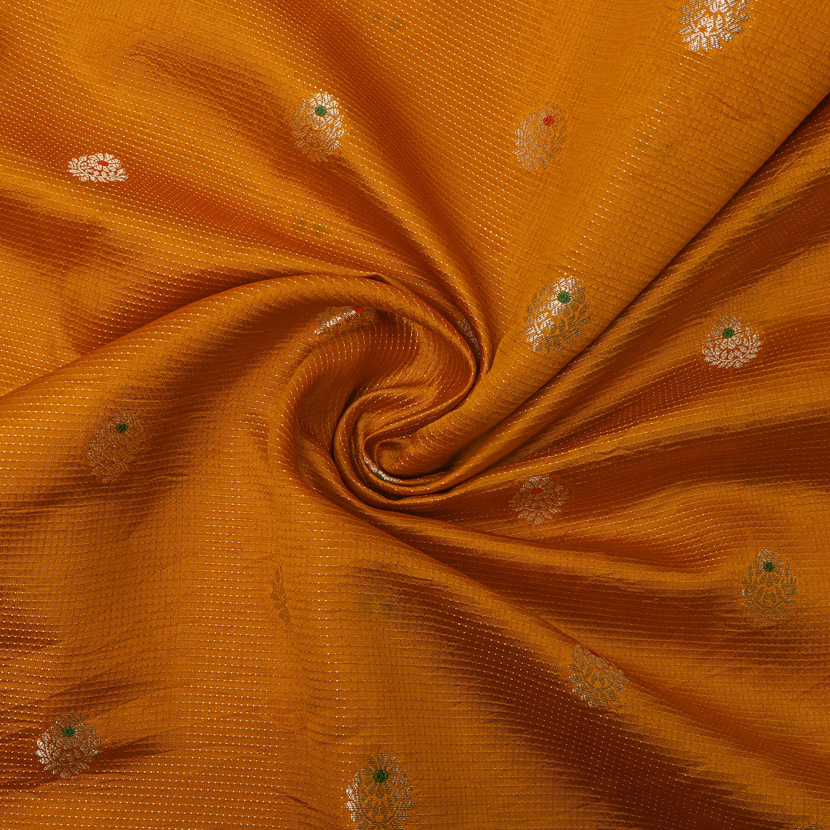 Amber Orange Gold Zari Spaced Butti Jamawar Silk Fabric