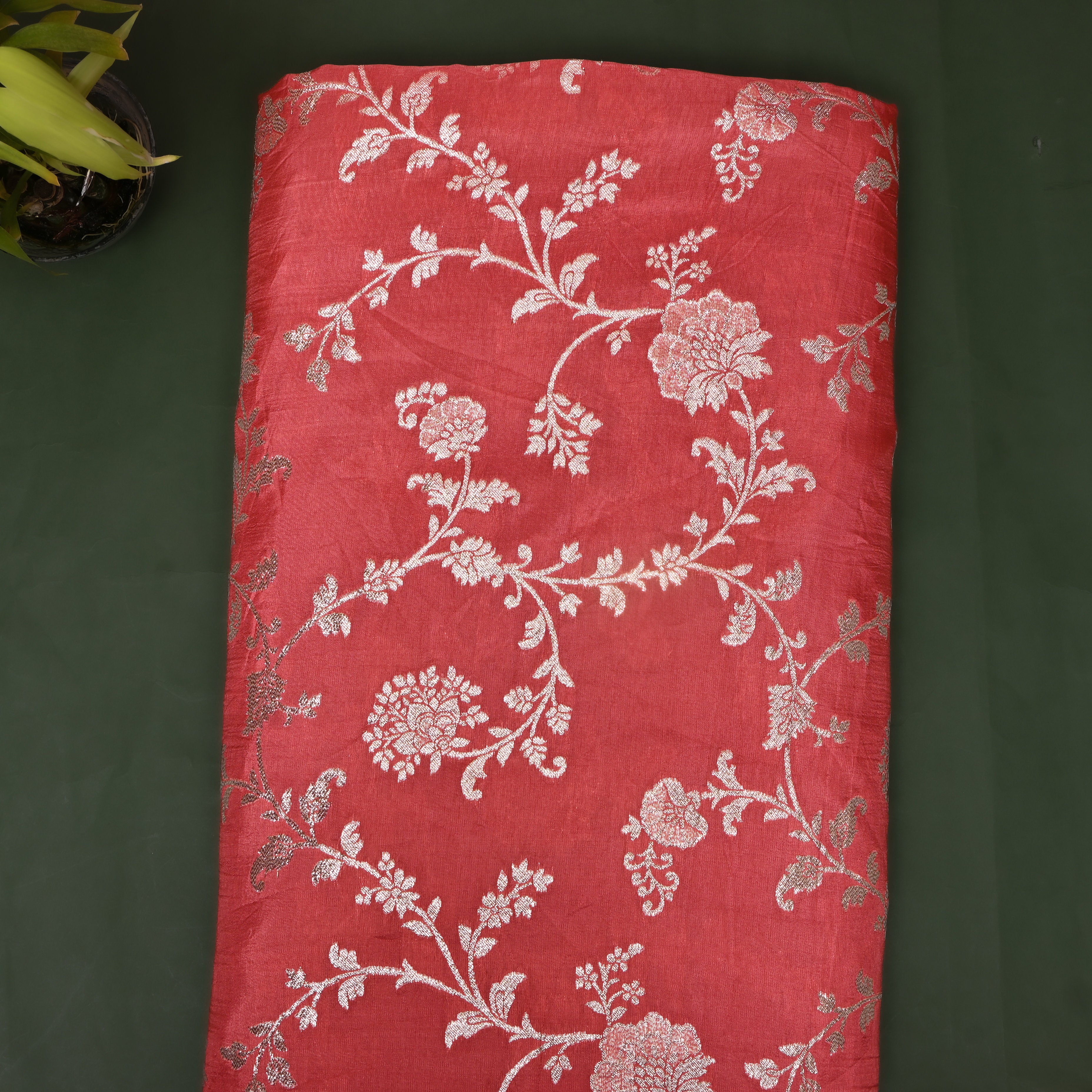 Tomato Red Zari Embroidery Silk Fabric