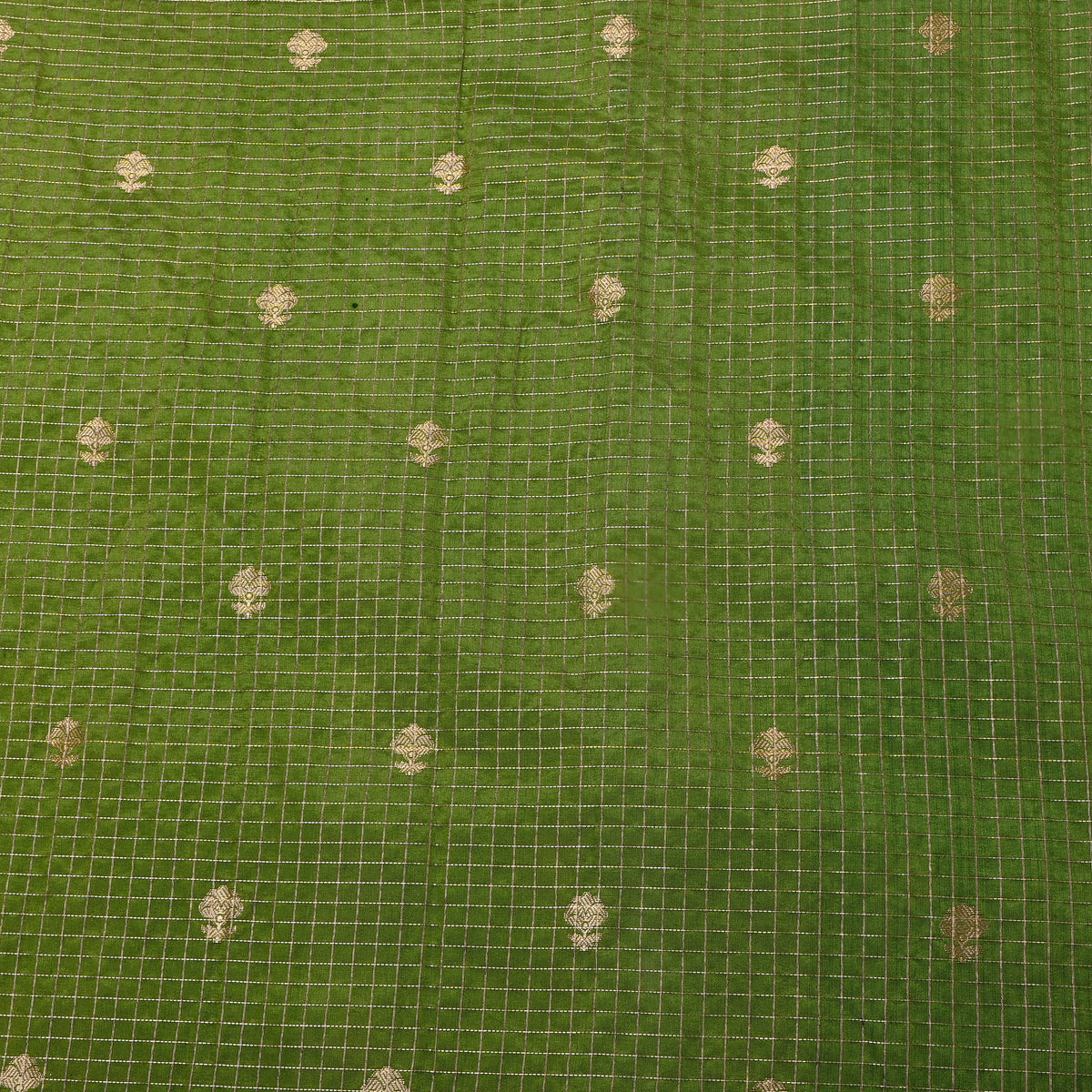 Leaf Green Gold Zari Check Butti Jamawar Silk Fabric