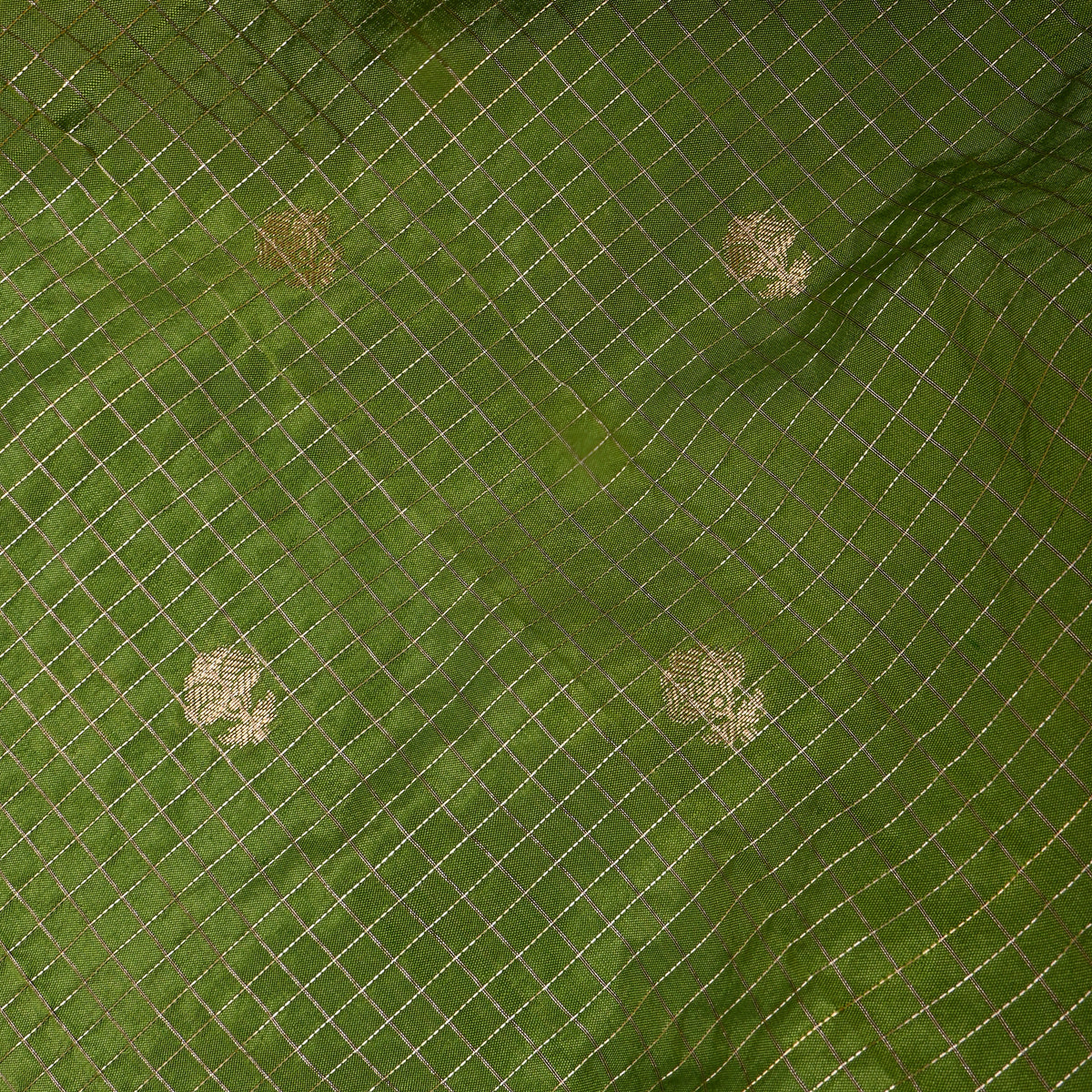 Leaf Green Gold Zari Check Butti Jamawar Silk Fabric