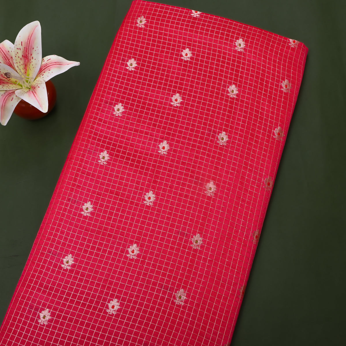 Rose Pink Silver Zari Checks Temple Border Jamawar Silk Fabric