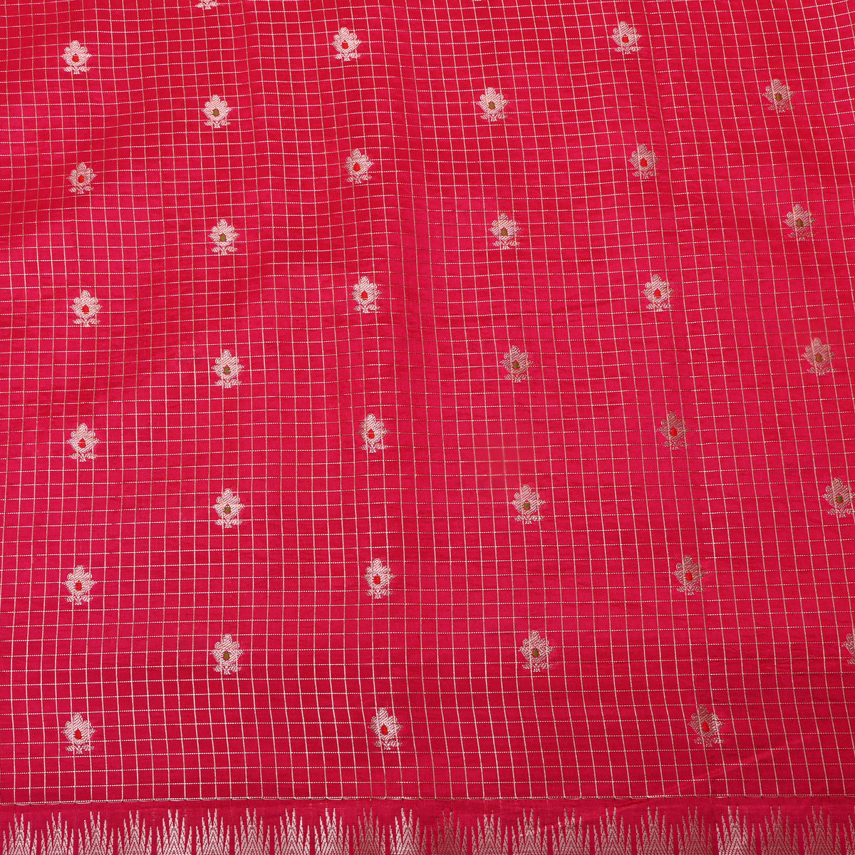 Rose Pink Silver Zari Checks Temple Border Jamawar Silk Fabric