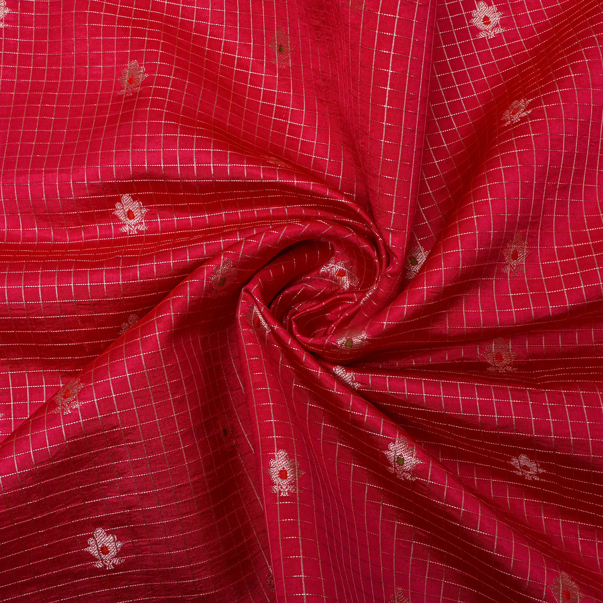 Rose Pink Silver Zari Checks Temple Border Jamawar Silk Fabric