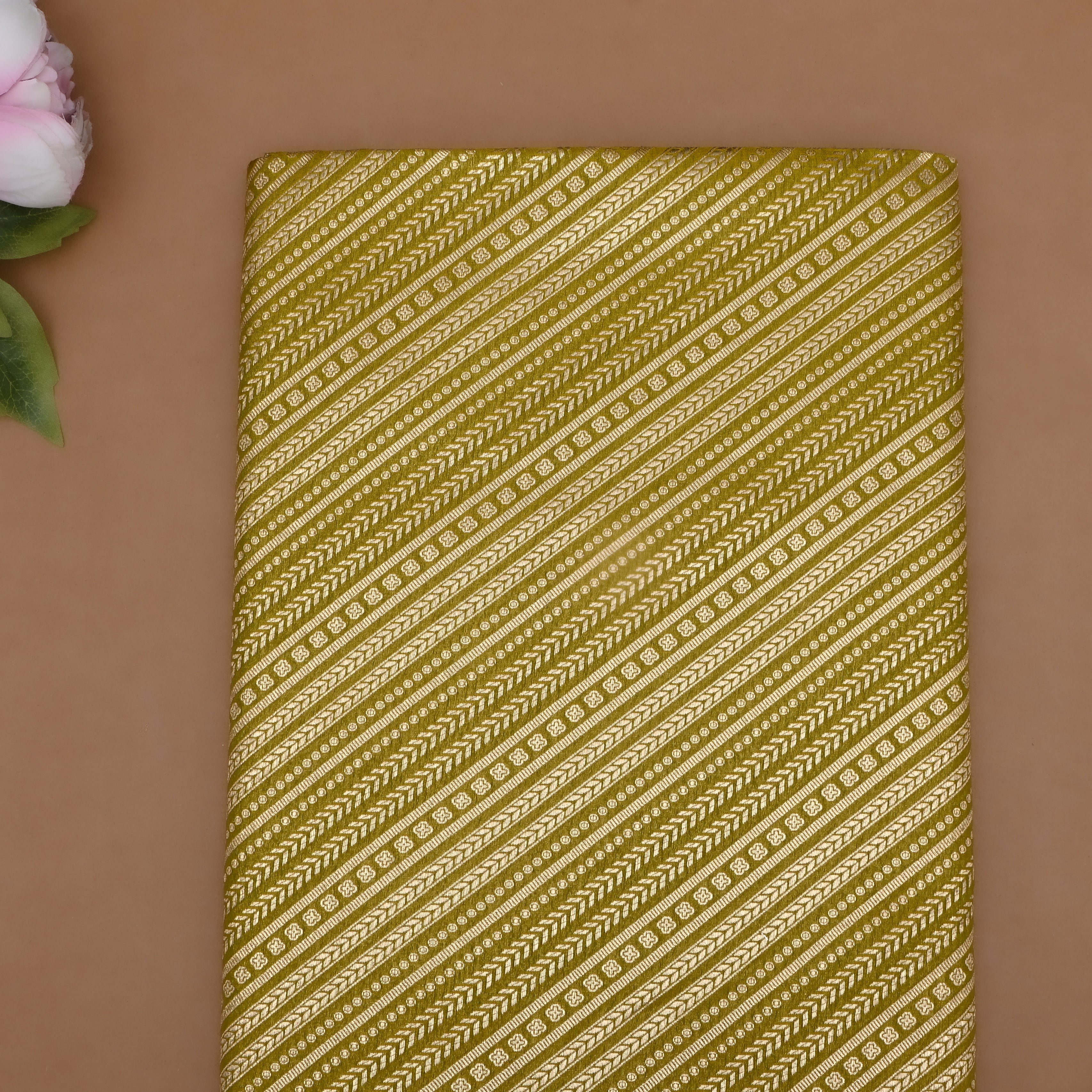 Dark Pearl Green Banarasi Fabric With Diagonal Stripes