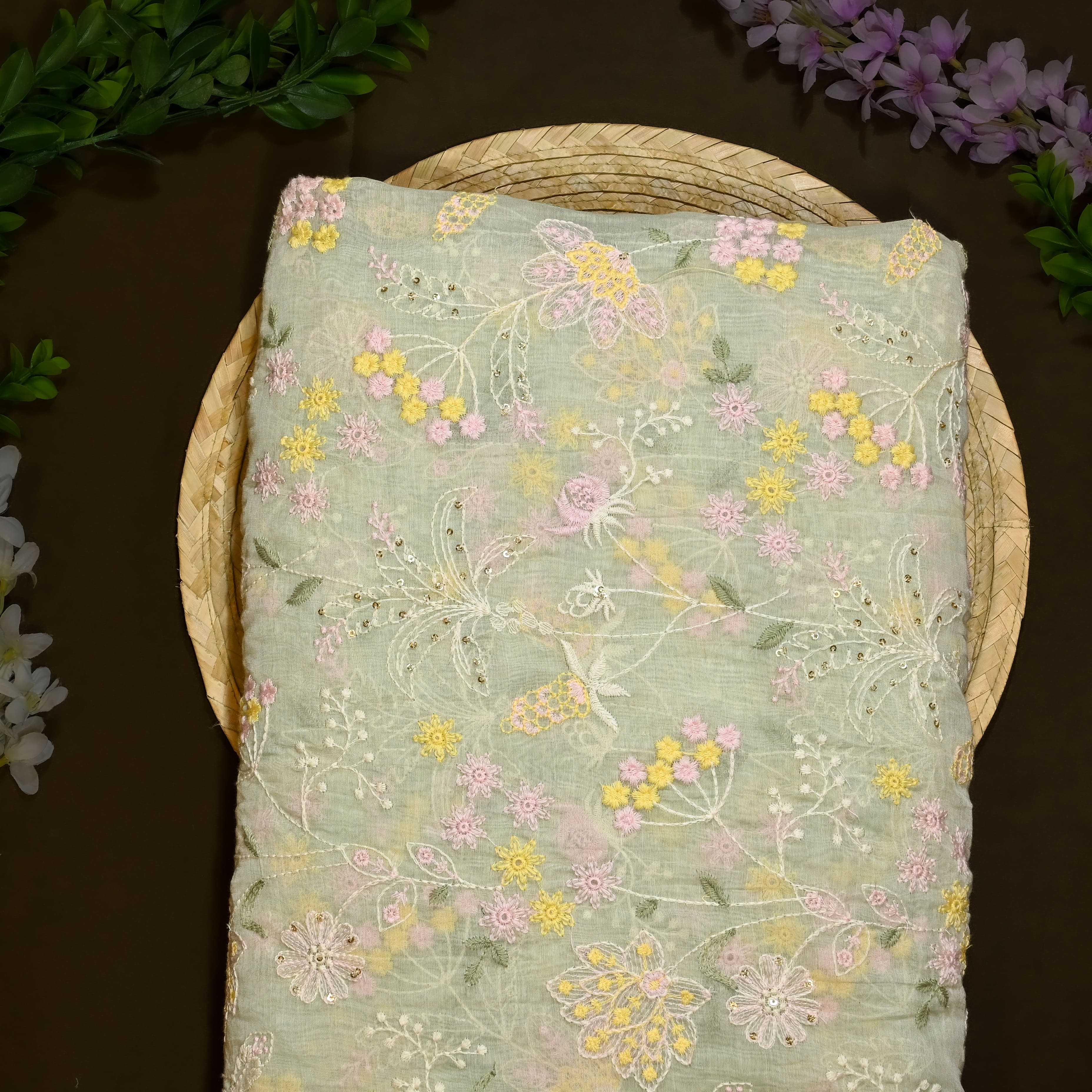 Pista Green Mul Chanderi Fabric With Embroidery