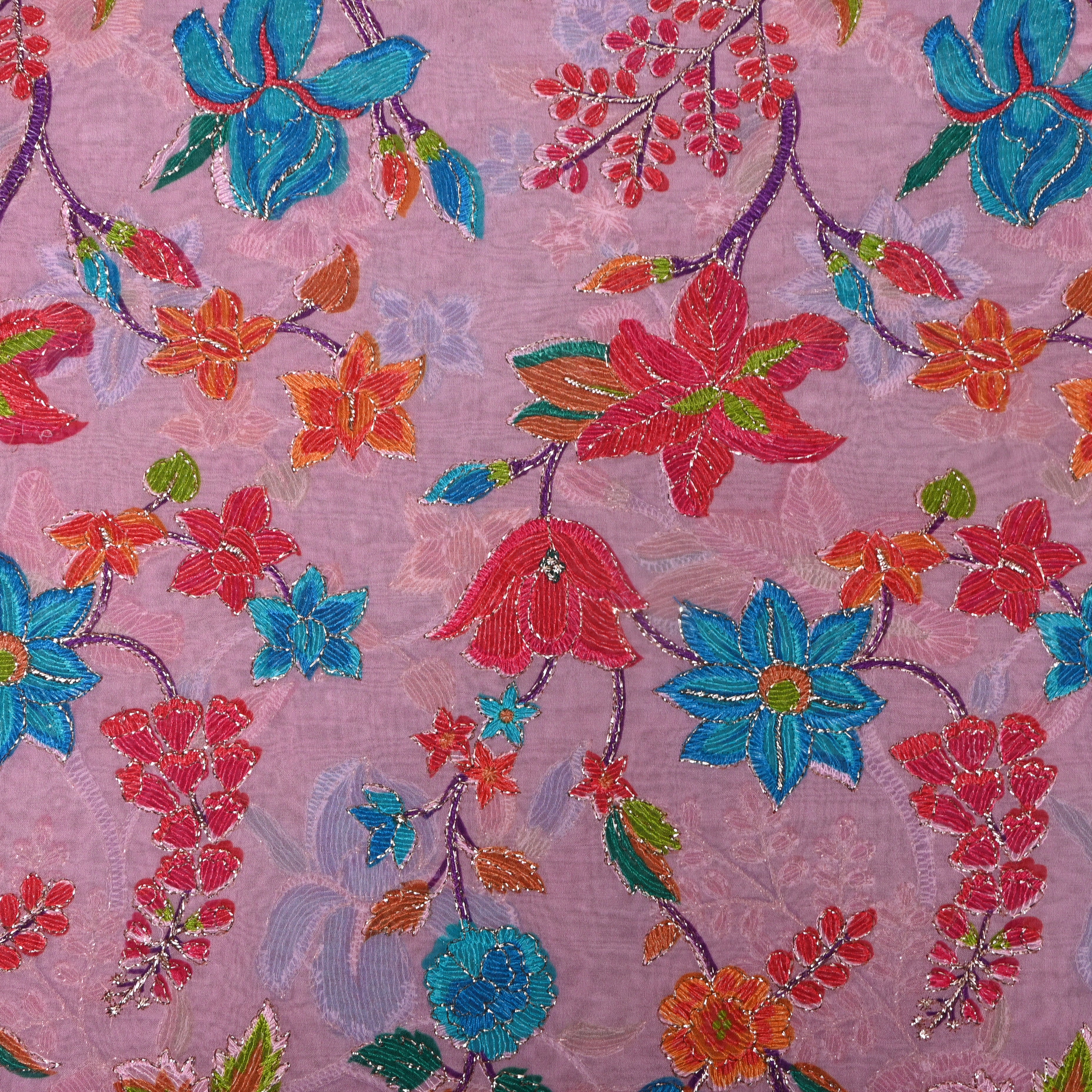 Mauve Pink Multicolour Floral Sequin Thread Work Organza Fabric